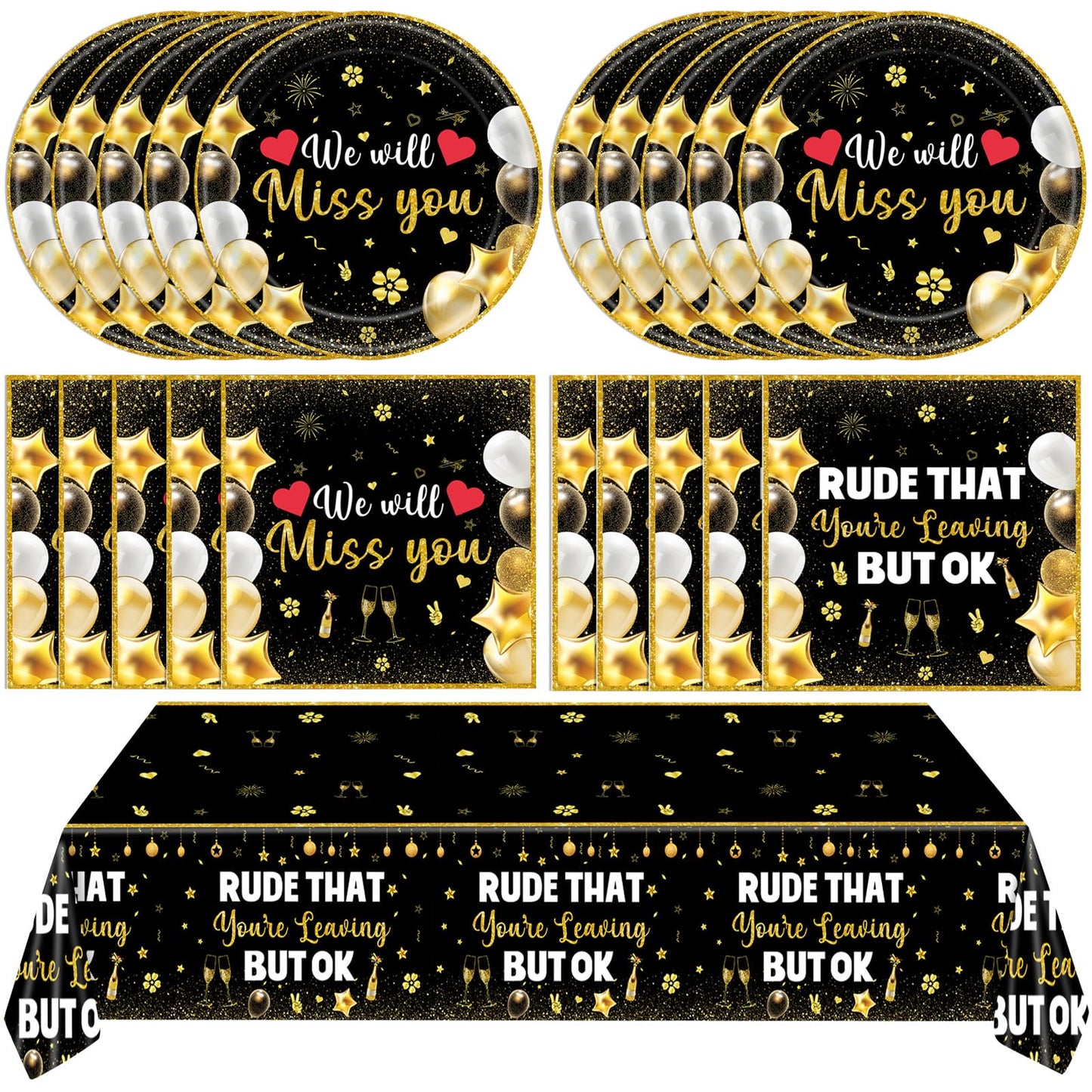 41Pcs We Will Miss You Decorations Rude That You'Re Leaving But Ok Party Supplies Black Gold Plates Napkins Tablecloth, for Coworker Leaving Farewell