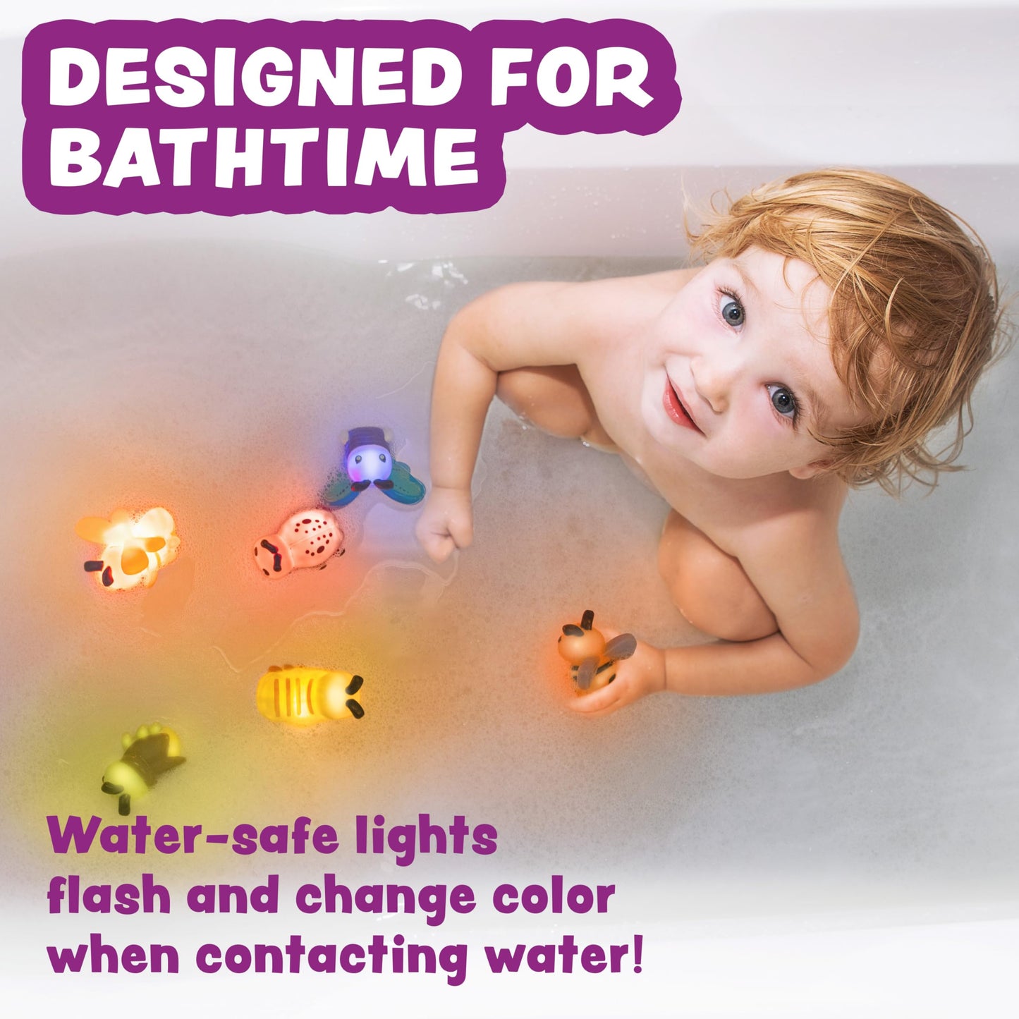 Tub Works® Bugs™ Light Up Bath Toys, 6 Pack | Water-Activated Light Up Toys Flash & Change Color | Easy-Grip Baby Girl & Toddler Bath Toys | Glow Bugs