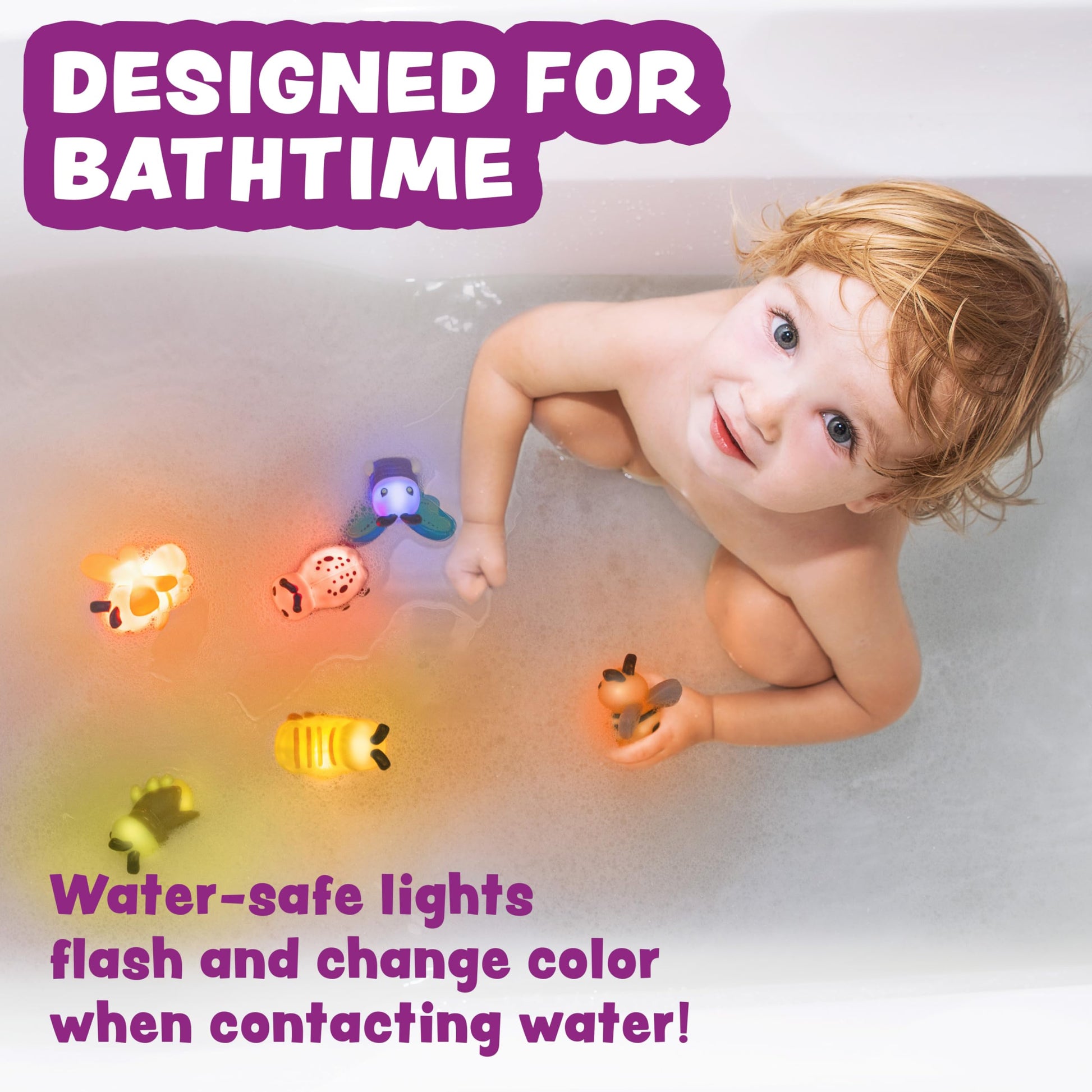 Tub Works® Bugs™ Light Up Bath Toys, 6 Pack | Water-Activated Light Up Toys Flash & Change Color | Easy-Grip Baby Girl & Toddler Bath Toys | Glow Bugs