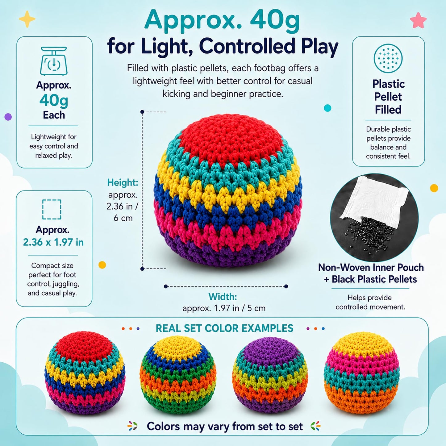 3 Pack Crochet Footbags, Random Colors Knitted Kick Sack Balls, Hacky Kick Sack Balls?Approx 40g Plastic Pellet Filled Hacky Style Footbag Juggling