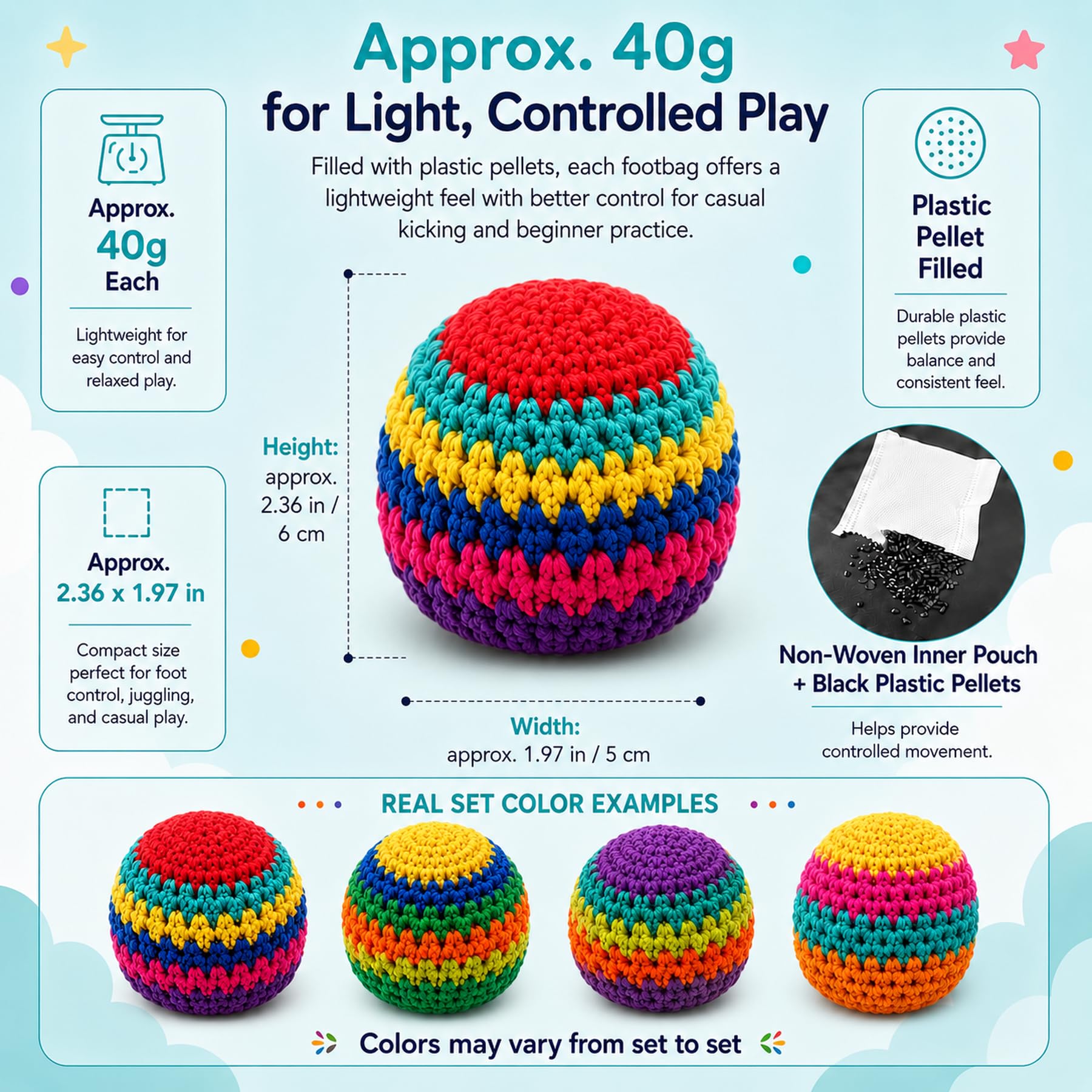 3 Pack Crochet Footbags, Random Colors Knitted Kick Sack Balls, Hacky Kick Sack Balls?Approx 40g Plastic Pellet Filled Hacky Style Footbag Juggling