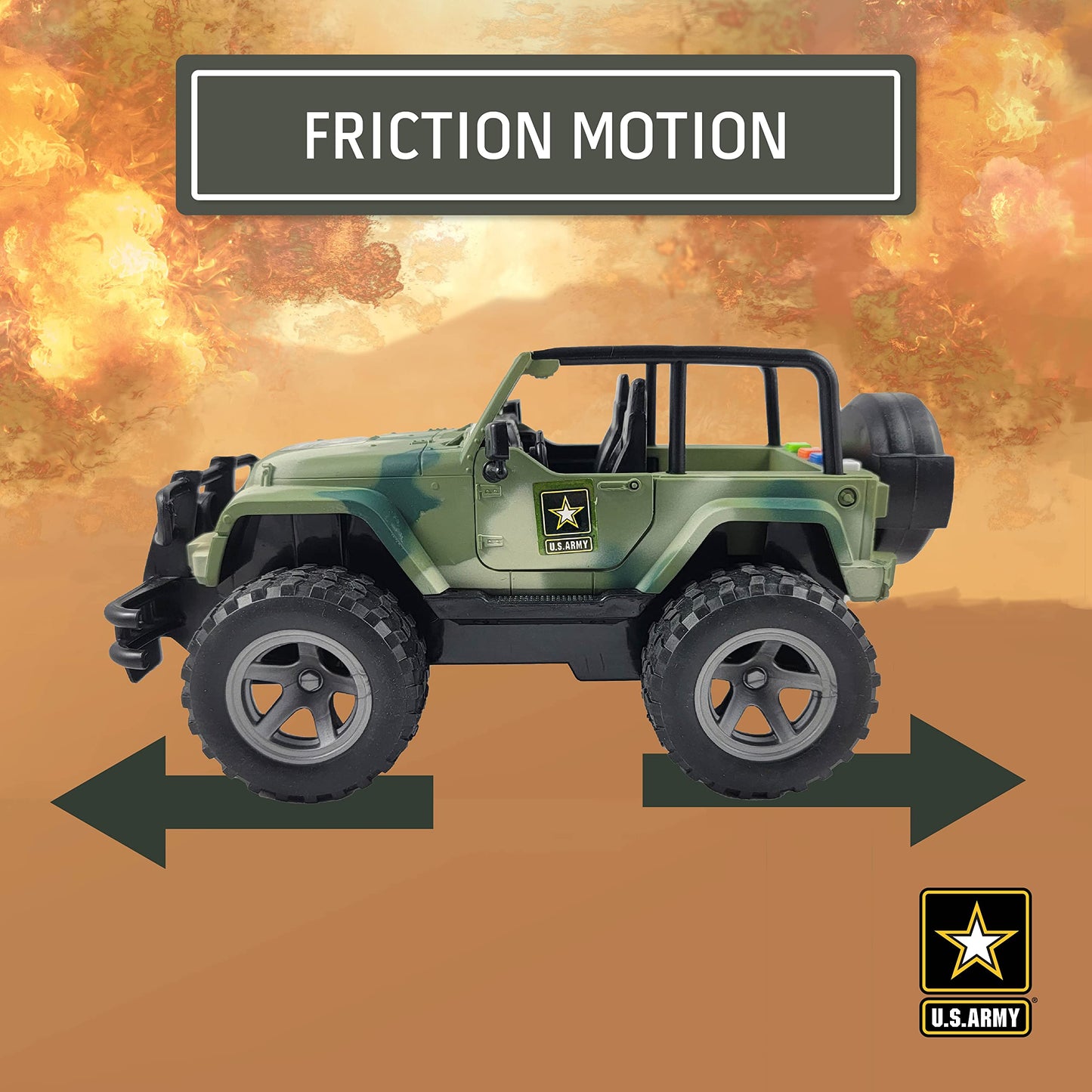 Lollipop United States Army Friction Powered 1/16 Model Off Road Vehicle w/Car Light & Sound, Push & Go Toy Rescue Battle Truck Military Toys 3+ yrs