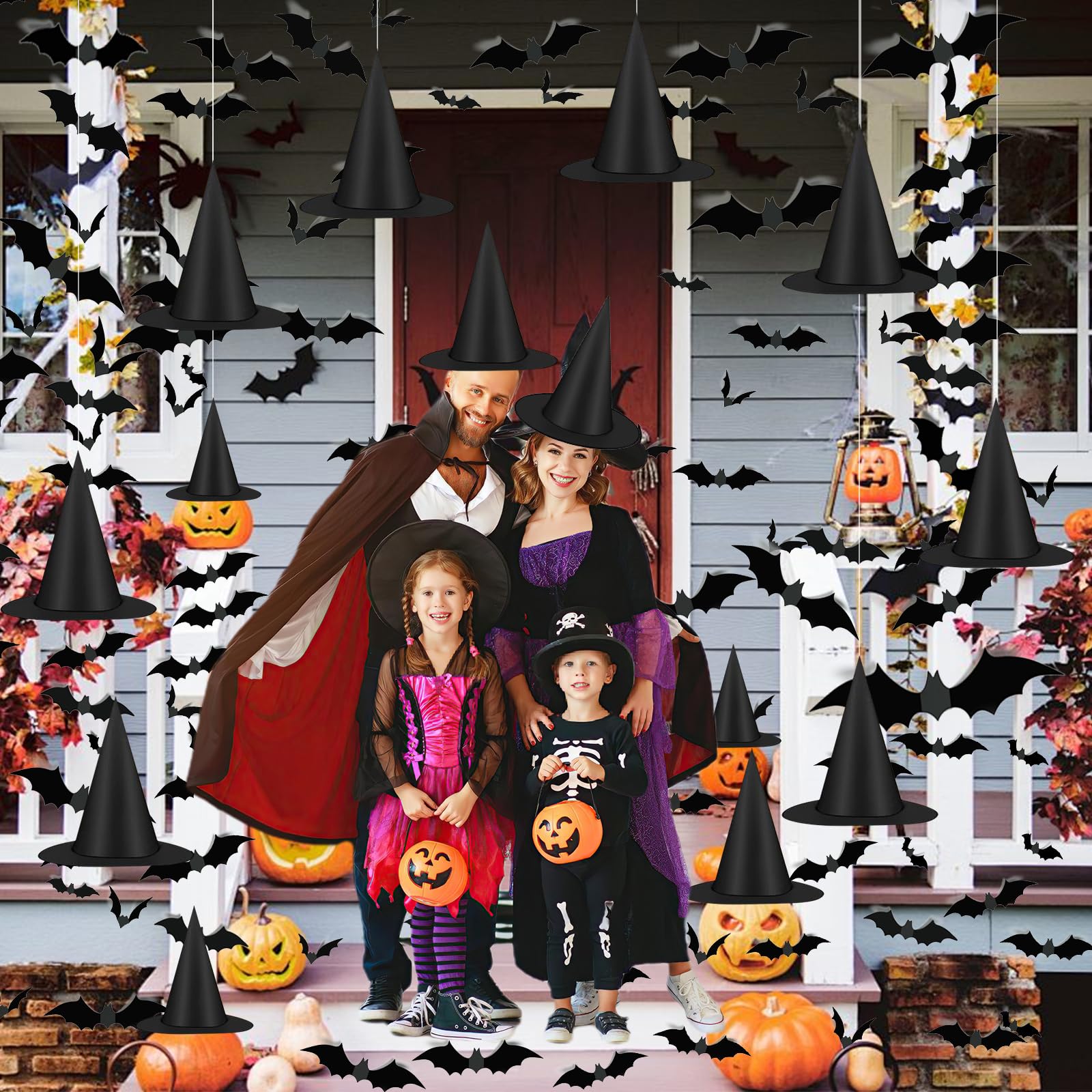 Famoby 12pcs Halloween Black Witch Hat with 157 FT Nylon Cord &120pcs Bat Sticker for Indoor Outdoor Home Yard Porch Ceiling Halloween Party