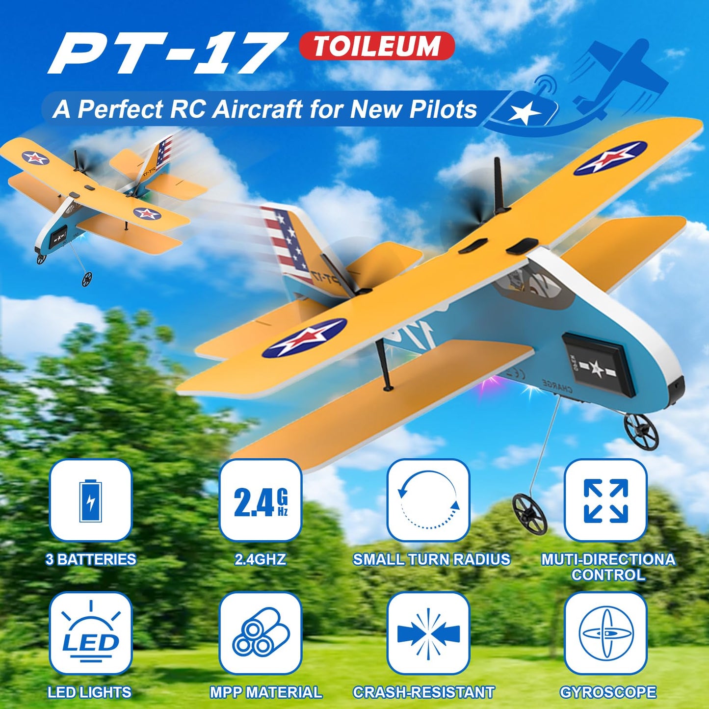 Toileum RC Plane, 2.4Ghz Remote Control Airplane with 3 Batteries & 6-axis Gyro Stabilizer, 2 Channel RTF PT-17 RC Toy, Easy to Fly for Beginners Kids