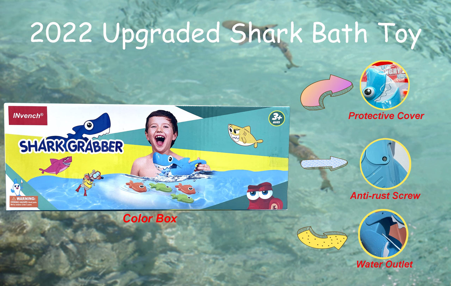 INvench Shark Grabber Baby Bath Toys - Blue Shark with Teeth Biting Action Include 4 Toy Fish - Bath Toys for Kids Ages 4-8 Boys Girls Toddlers Pool