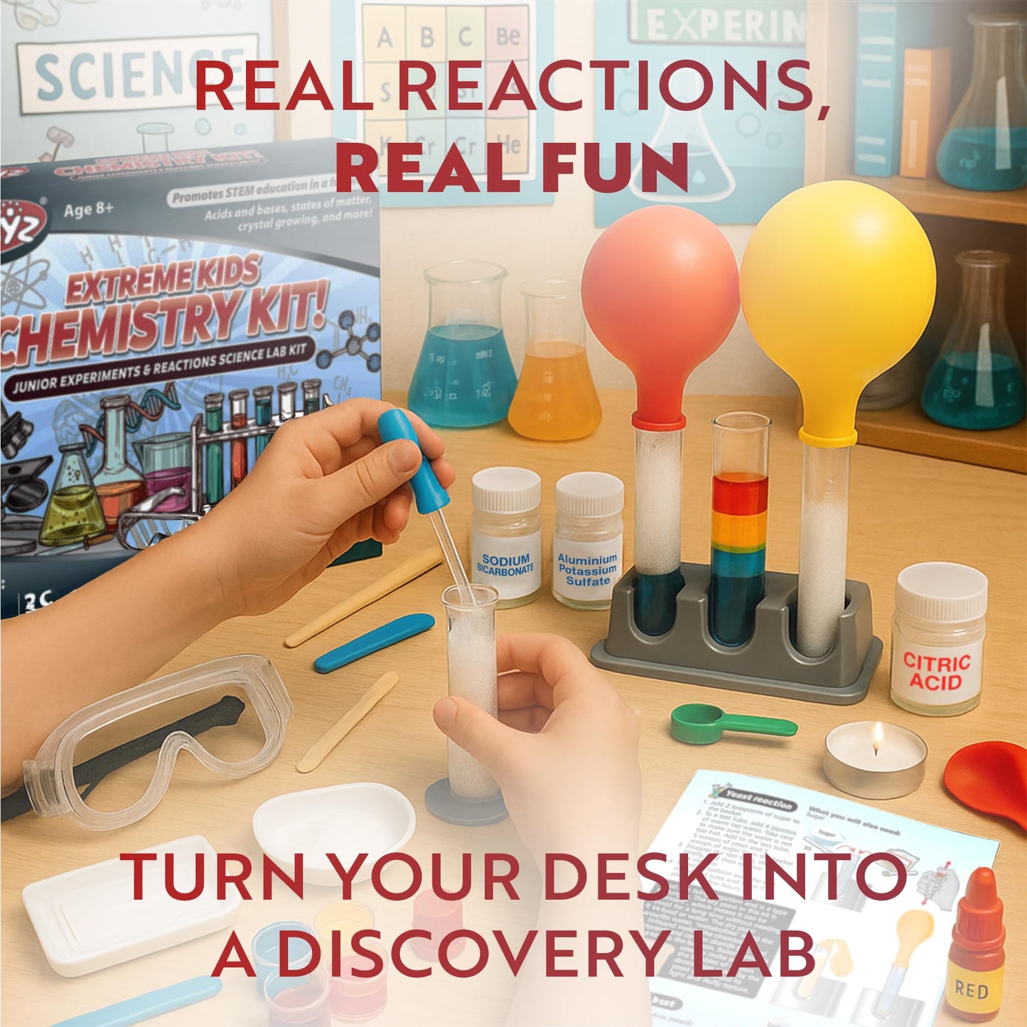 Playz Extreme Chemistry Set - 52 Unique Experiments, Science Kits for Kids Age 8-12, Lab Gear, Volcano Project, Learning Tools, Fair Activity