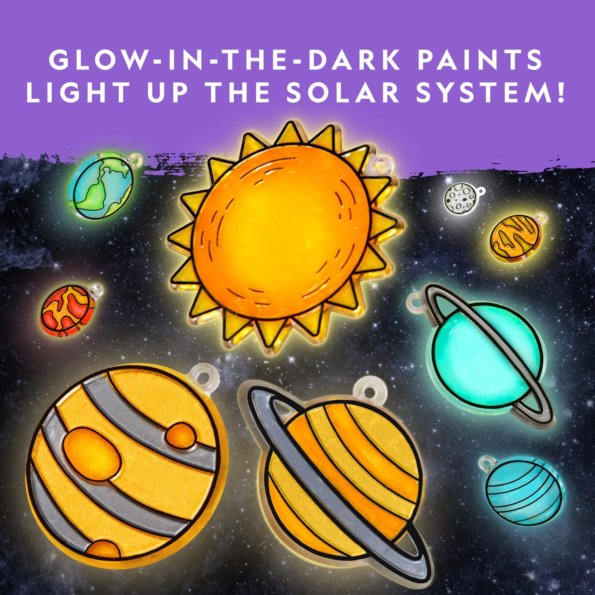 NATIONAL GEOGRAPHIC Kids Window Art Kit - Stained Glass Solar System Arts & Crafts Kit with Glow in The Dark Planets, Use as Window Suncatchers