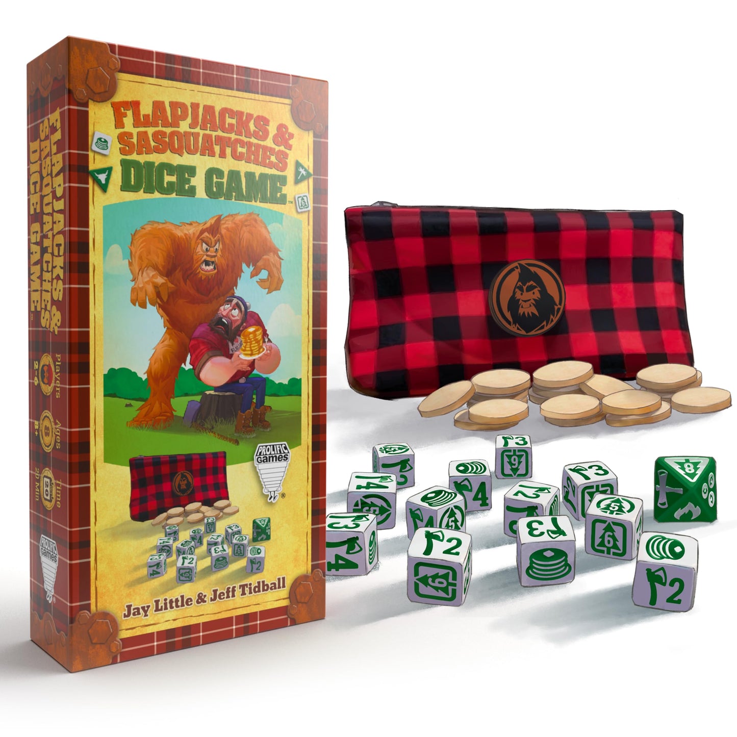 Prolific Games Flapjacks & Sasquatches Lumberjack Dice Game - Quick-Playing in a Zippered Travel Pouch - Great for Camping & Car Trips - Adults