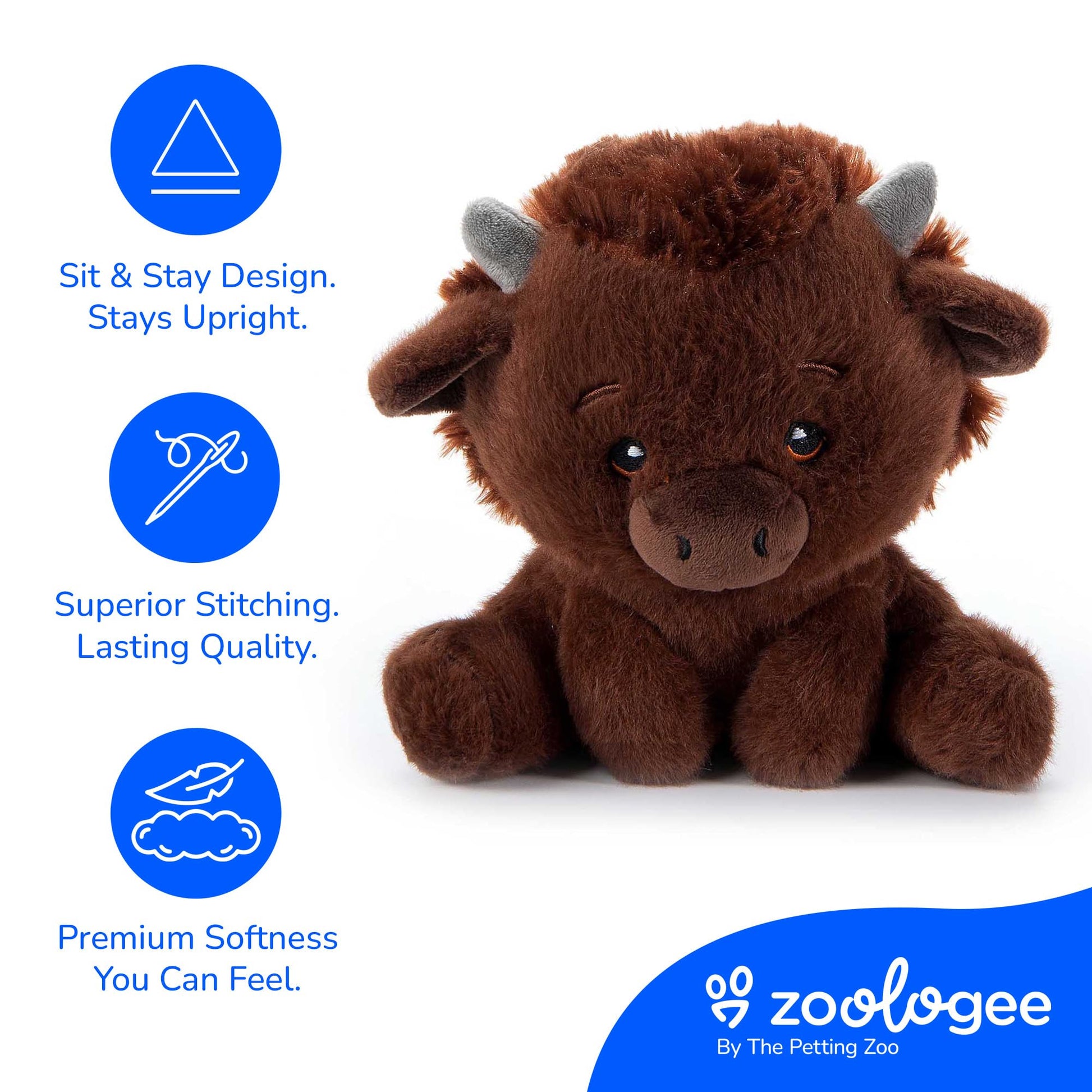 The Petting Zoo Bison Stuffed Animal Plushie, Gifts for Kids, Snugletz Zoologee Plush Toy, 7 in