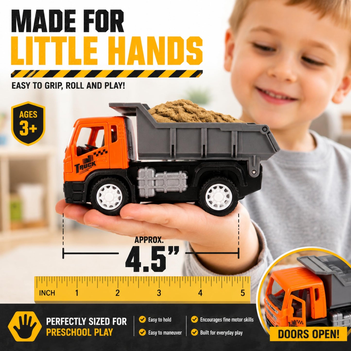 6 Pack Pull Back Construction Trucks for Kids, 4.5" Toy Vehicles