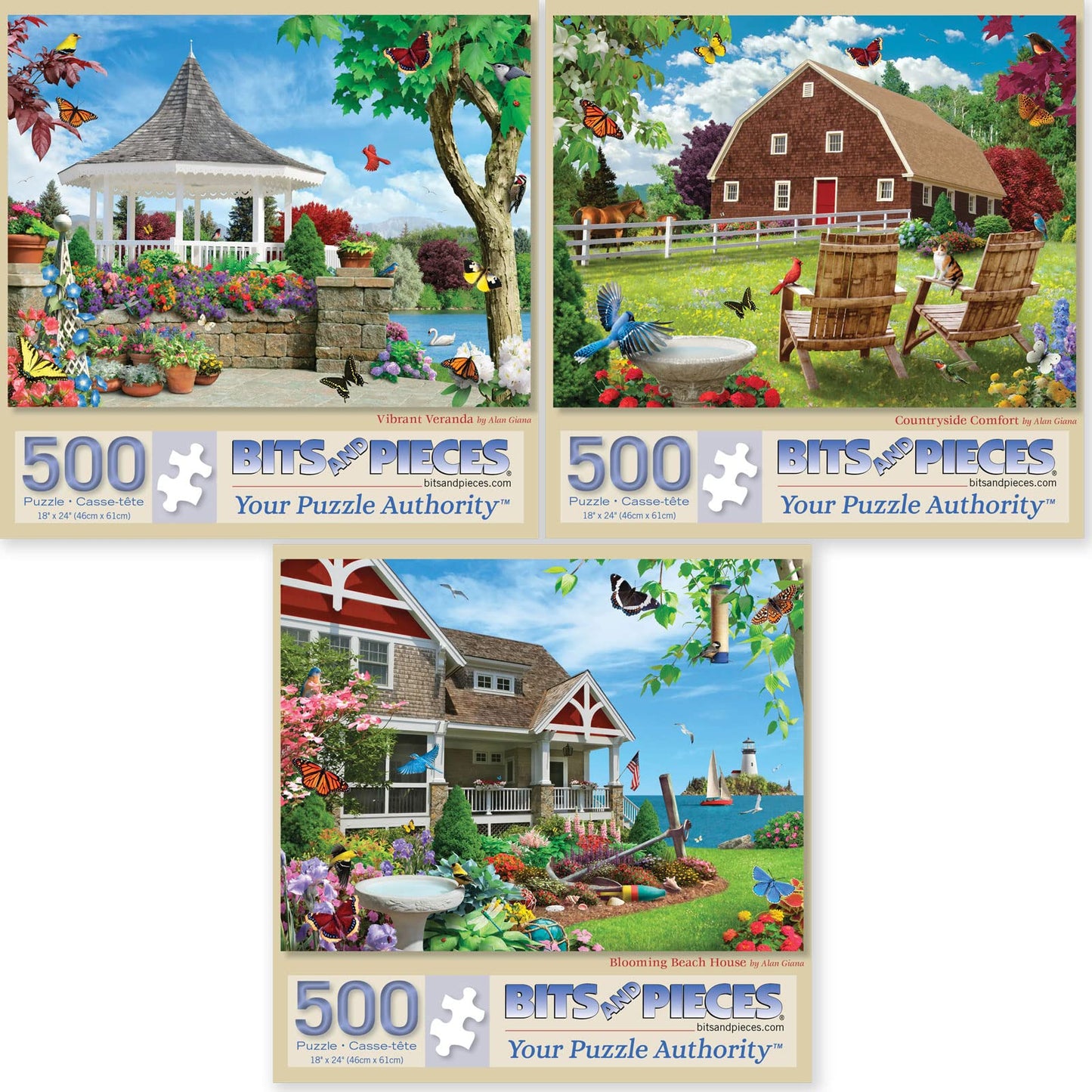 Bits and Pieces - Value Set of Three (3) 500 Piece Jigsaw Puzzles for Adults - Puzzles Measure 18" x 24" - 500 pc Vibrant Veranda, Countryside