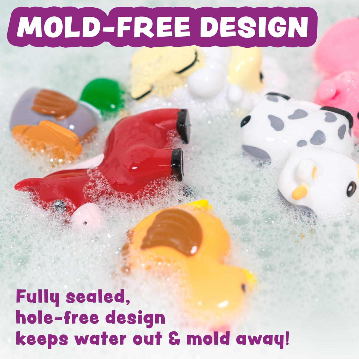 Tub Works® Barnyard™ Mold Free Bath Toys, 6 Pack | Sealed, No Hole Bath Toys Design Keeps Moisture Out | Soft, Squeezable & Float on Water | Farm