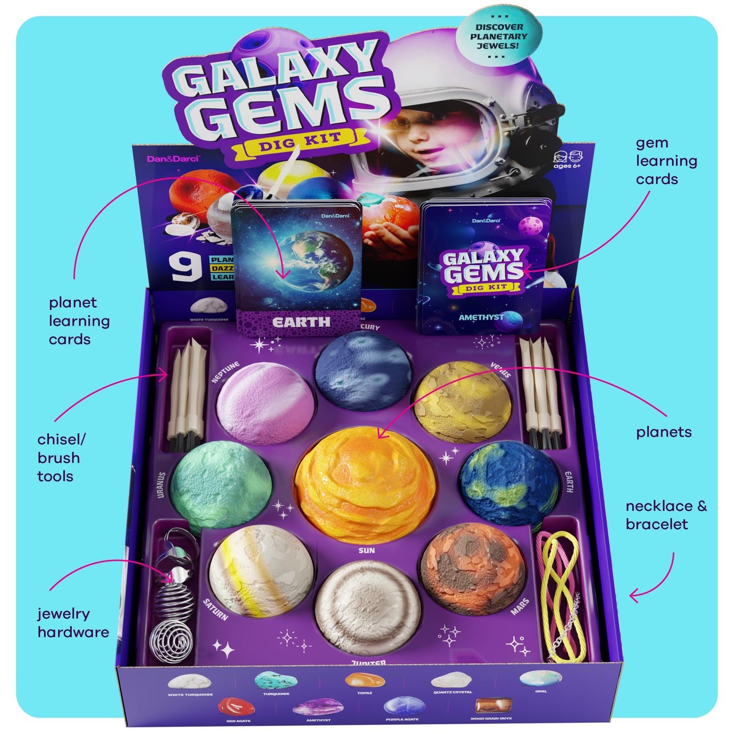 Dan&Darci Galaxy Gem Dig Kit for Kids - Gemstones Digging Science Kits for Kid Age 6-7, 6-8, 8-10 - Gifts for 6 7 8 9 10 11 Year Old Boys & Girls