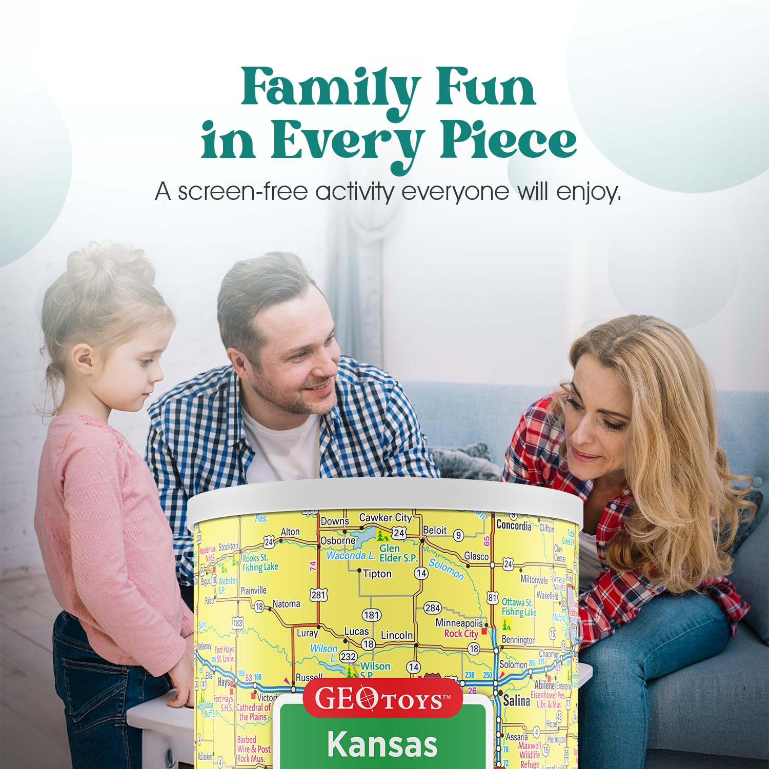 Geotoys Kansas Mini State Puzzle - 100 Piece Puzzles for Kids and Adults in Portable Can, 13" x 10" Educational Travel Puzzle for Ages 7 and Up - Mini