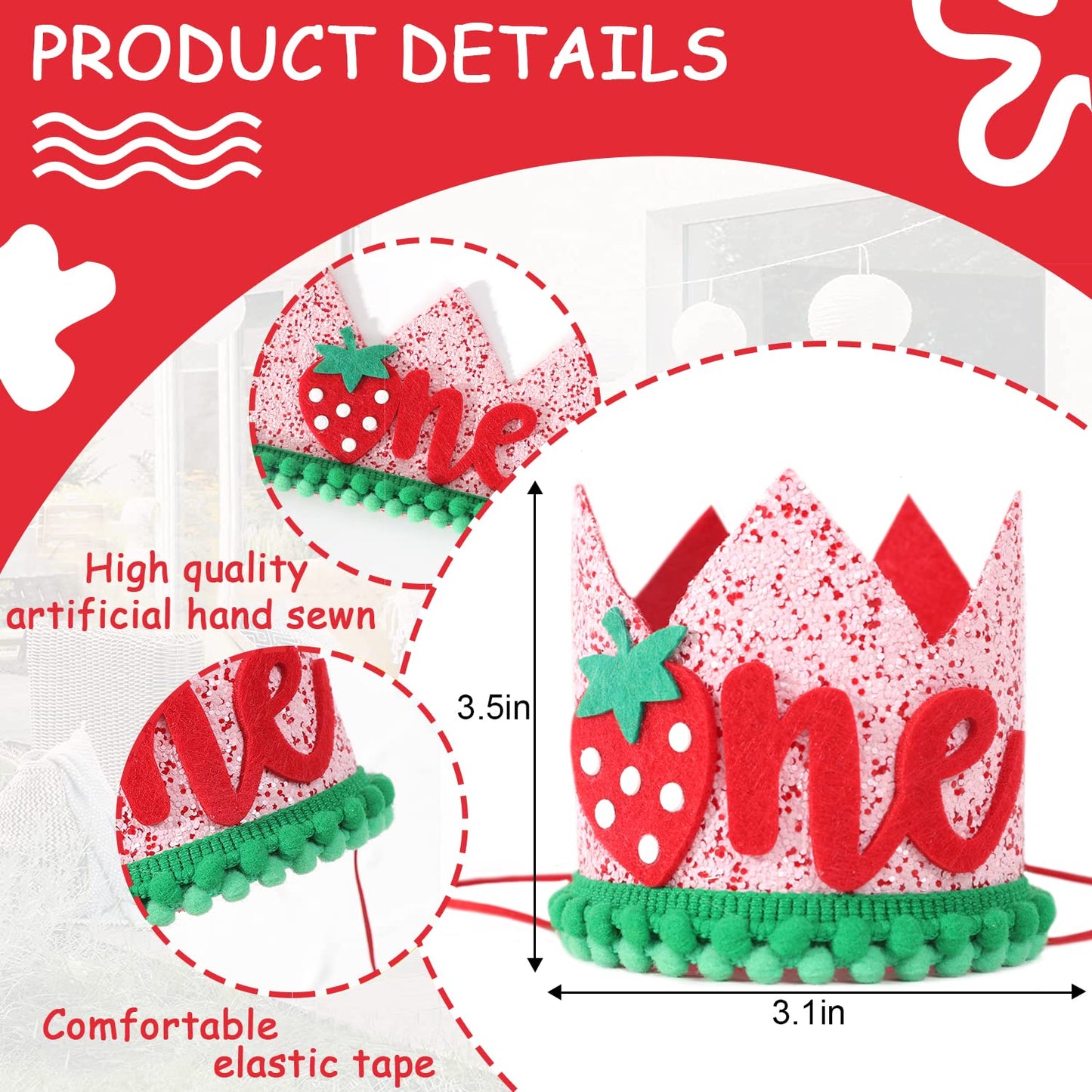 EPSEED Girl's First Birthday Strawberry Crown Hat - Fruity 1st Birthday Party Decoration, Cake Smash Accessory