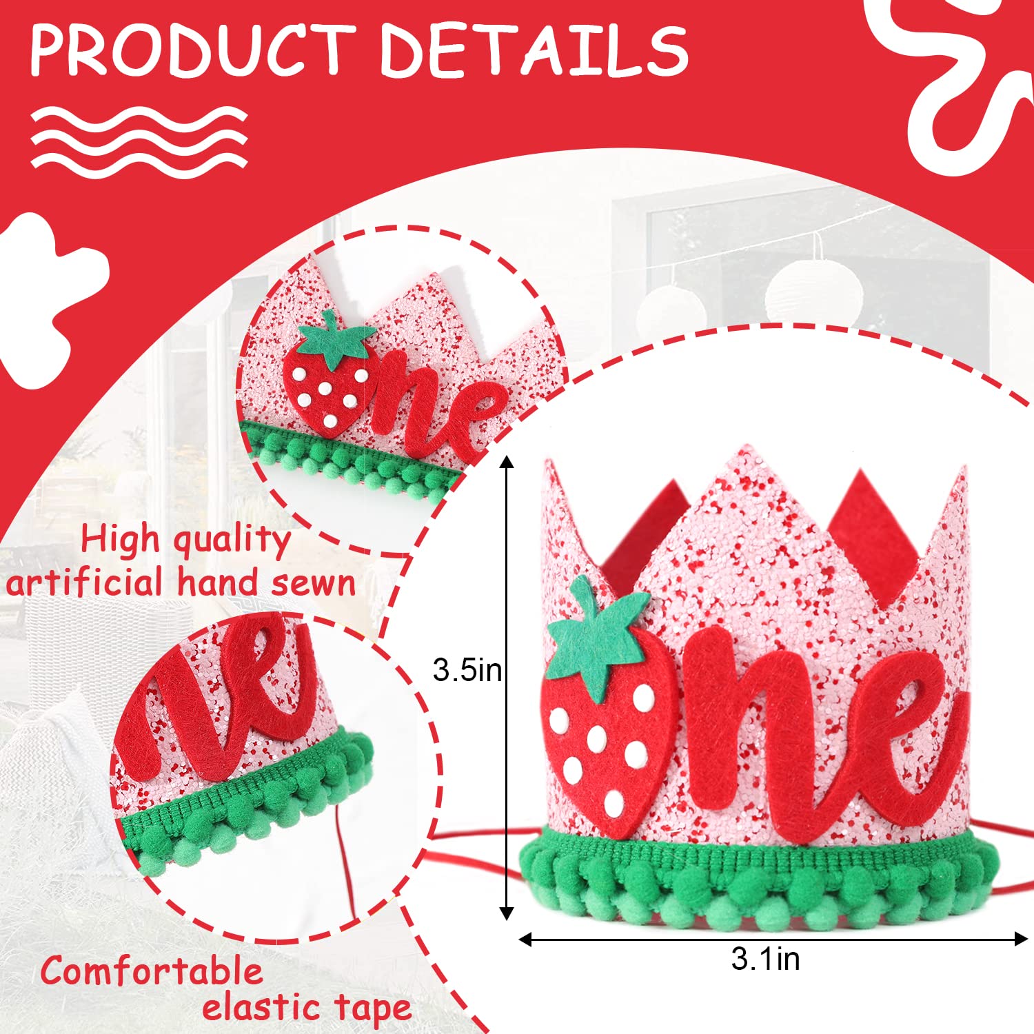 EPSEED Girl's First Birthday Strawberry Crown Hat - Fruity 1st Birthday Party Decoration, Cake Smash Accessory