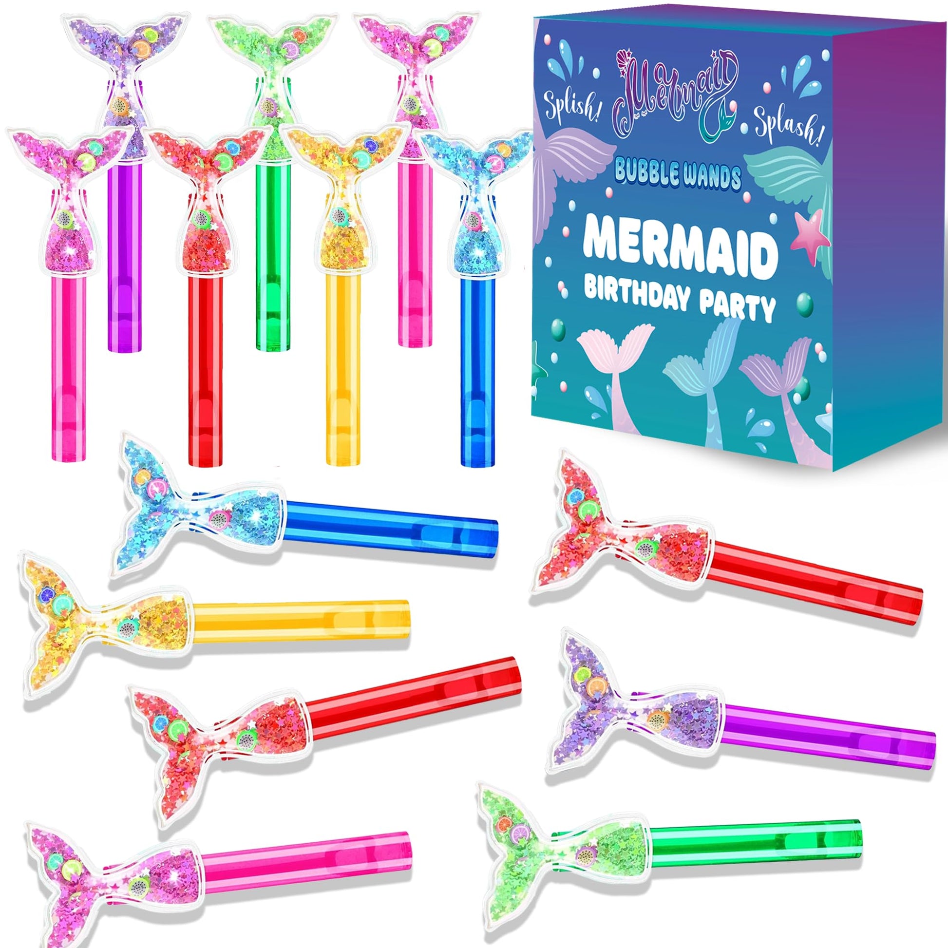 24PCS Glitter Mermaid Tail Bubble Wands for Kids Mermaid Party Favors Decorations Supplies, Mermaid Party Pinata Stuffer, Goodie Bags Filler, School