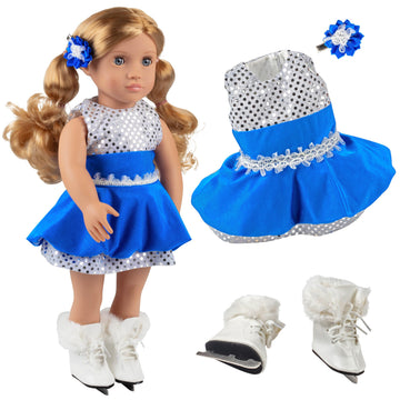 Ice Skating Doll Outfit for 18-Inch Dolls - 4-Piece Sparkle Winter Dress Set -Fits American Girl and Our Generation- Includes Sequin Skating Dress