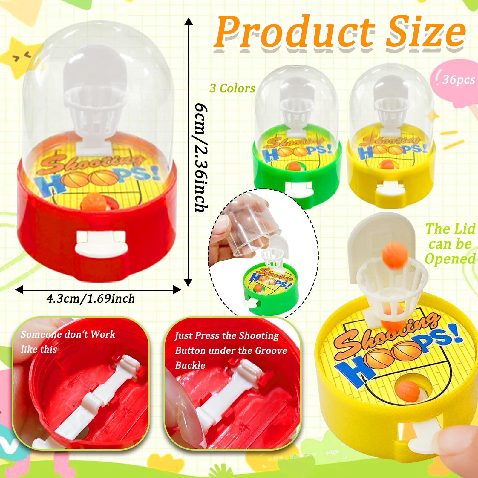 Dshengoo 36 Pack Mini Finger Basketball Shooting Game Toys,Handled Fidget Basketballs Desktop Sport Party Favors for Kids,Birthday Decoration