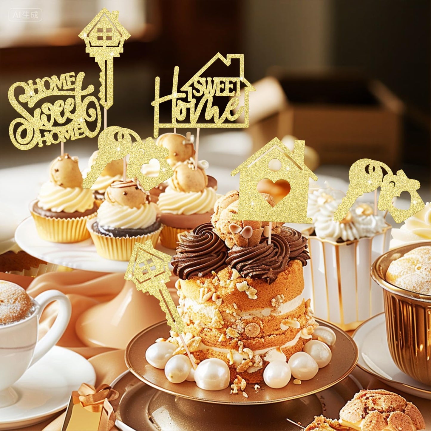 Sweet Home Happy Birthday Cupcake Toppers Gold Glitter Party Decoration
