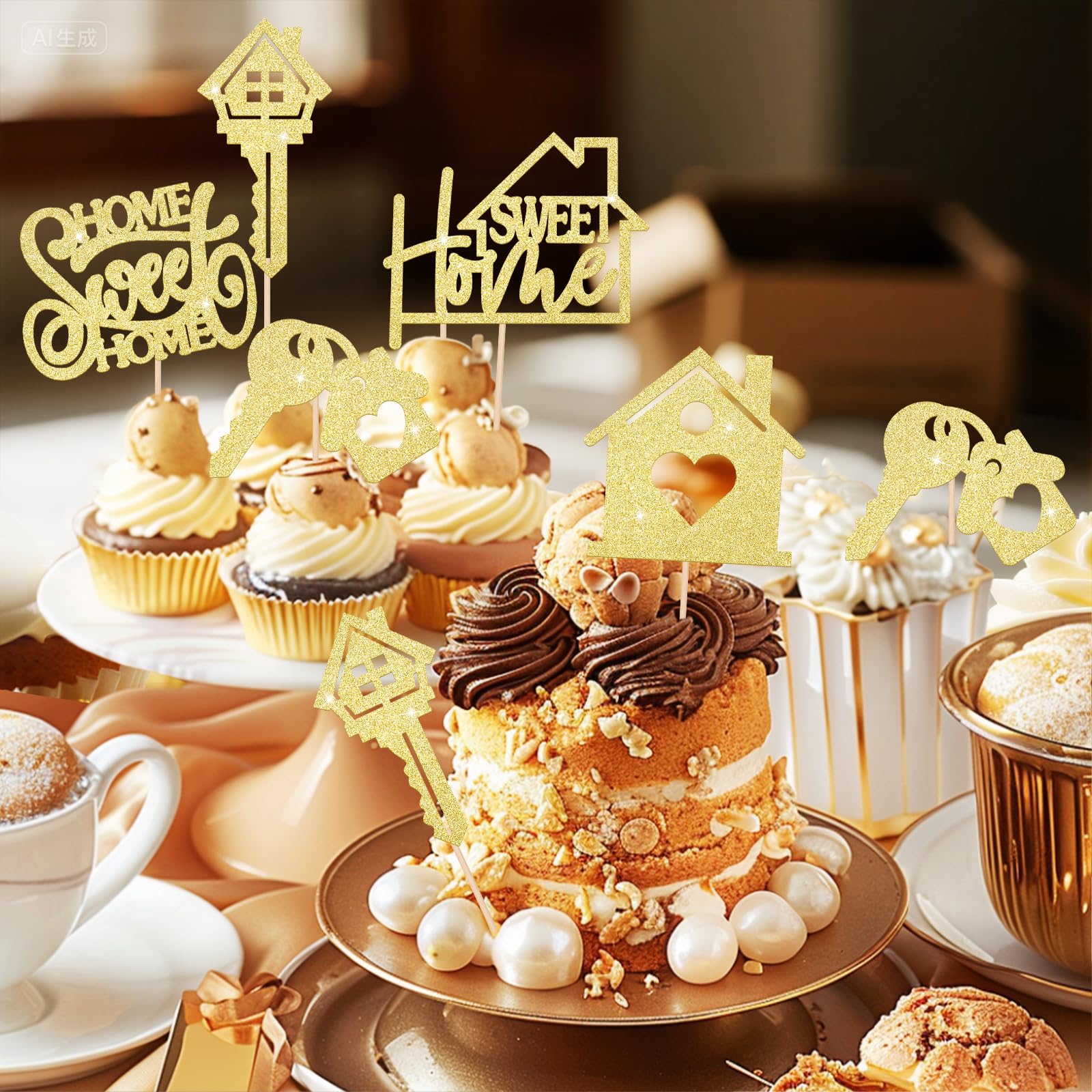 Sweet Home Happy Birthday Cupcake Toppers Gold Glitter Party Decoration