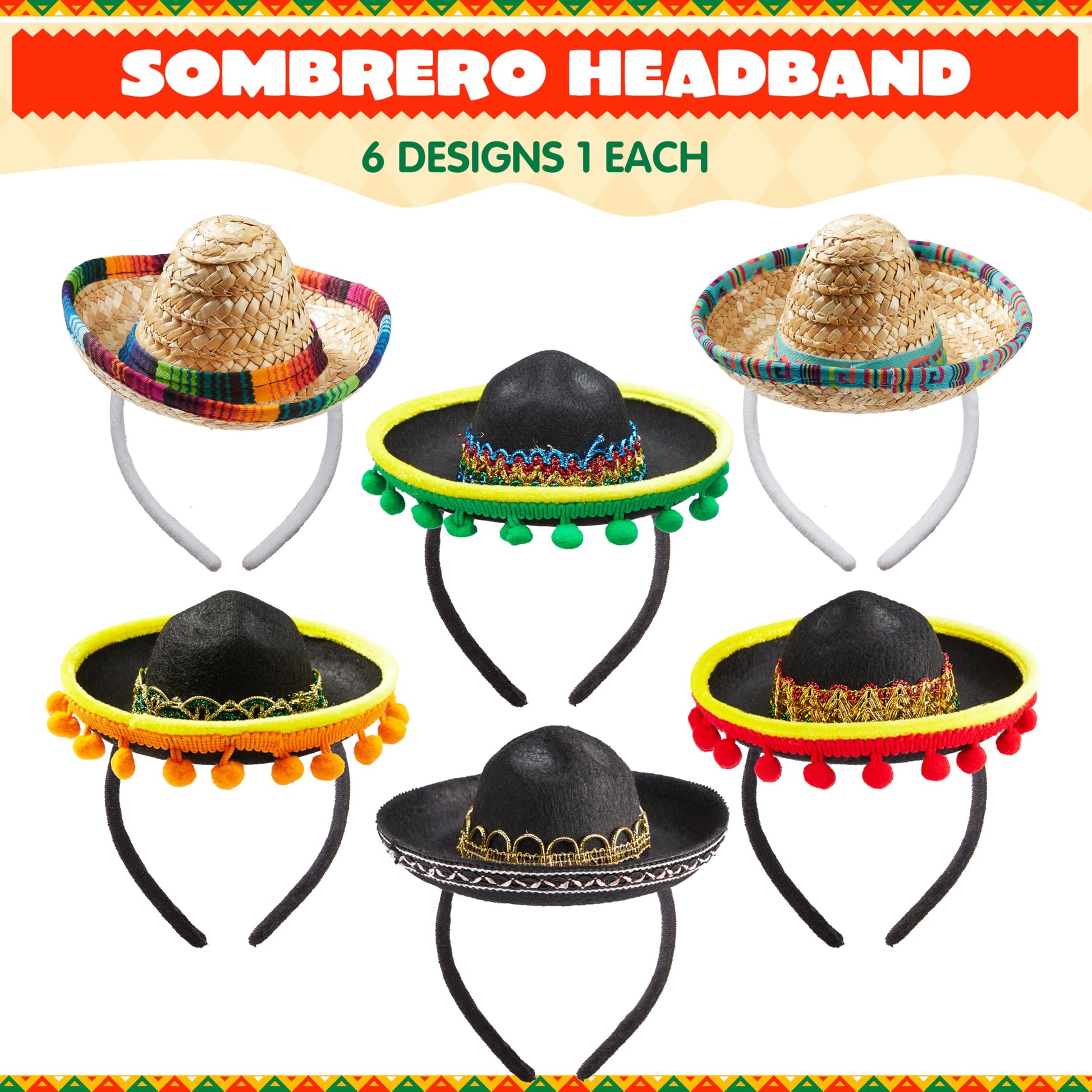 JOYIN 6 PCS Cinco De Mayo Fiesta Fabric and Straw Sombrero Headbands Party Costume for Fun Fiesta Hat Party Supplies, Luau Event Photo Props, Mexican