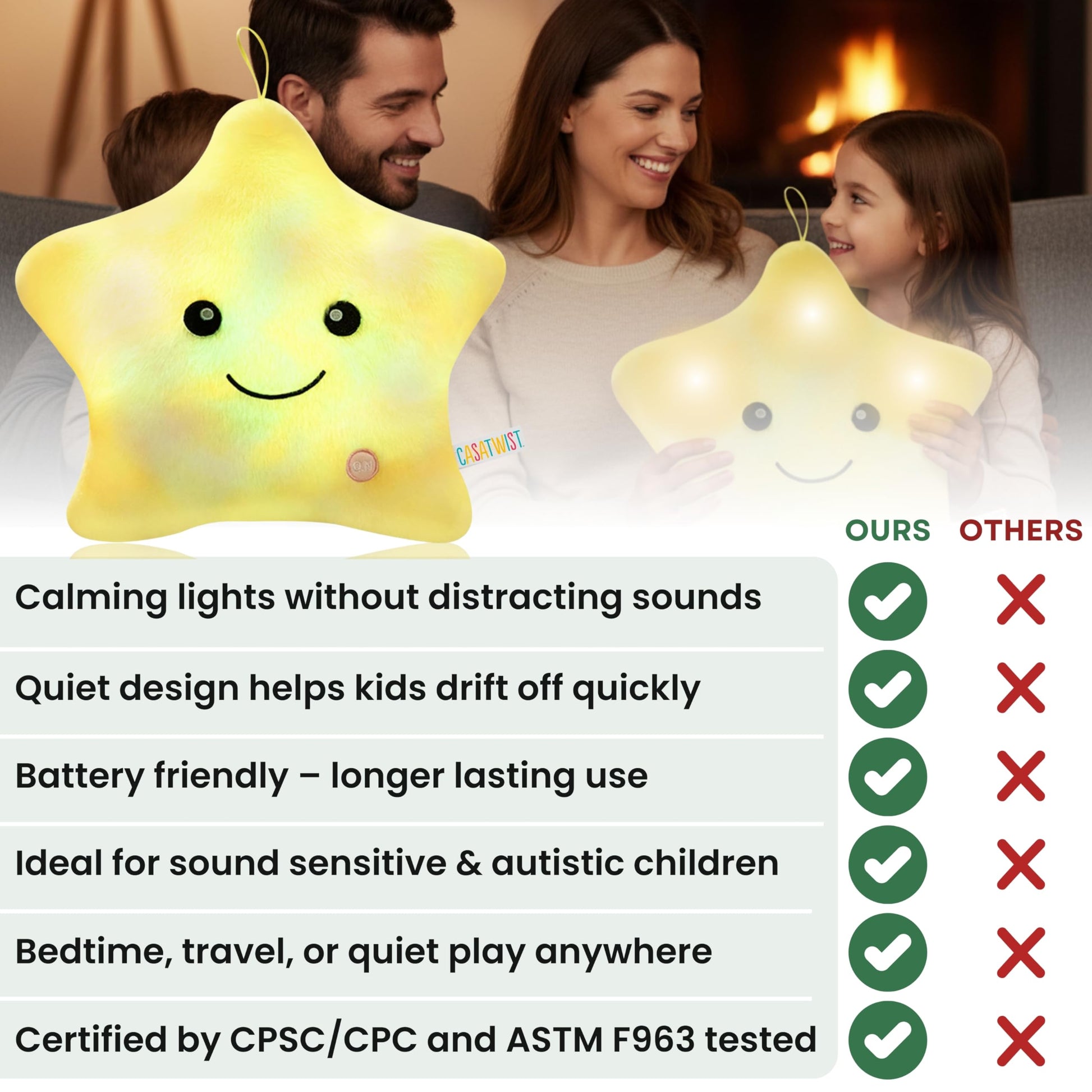 CASATWIST Premium 15” Twinkle Led Star Light Up Plush Pillow with Lights, Sensory Toys for Kids with Autism, Boys Girls Room décor ADHD Cute Glow in