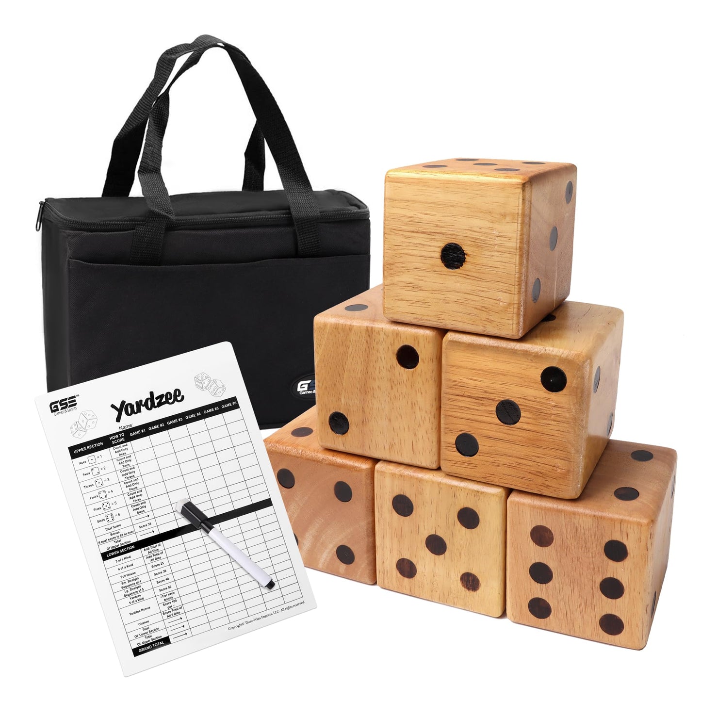 GSE Oak Giant Yard Dice Set with Carrying Bag, Yardzee & Farkle Scorecard