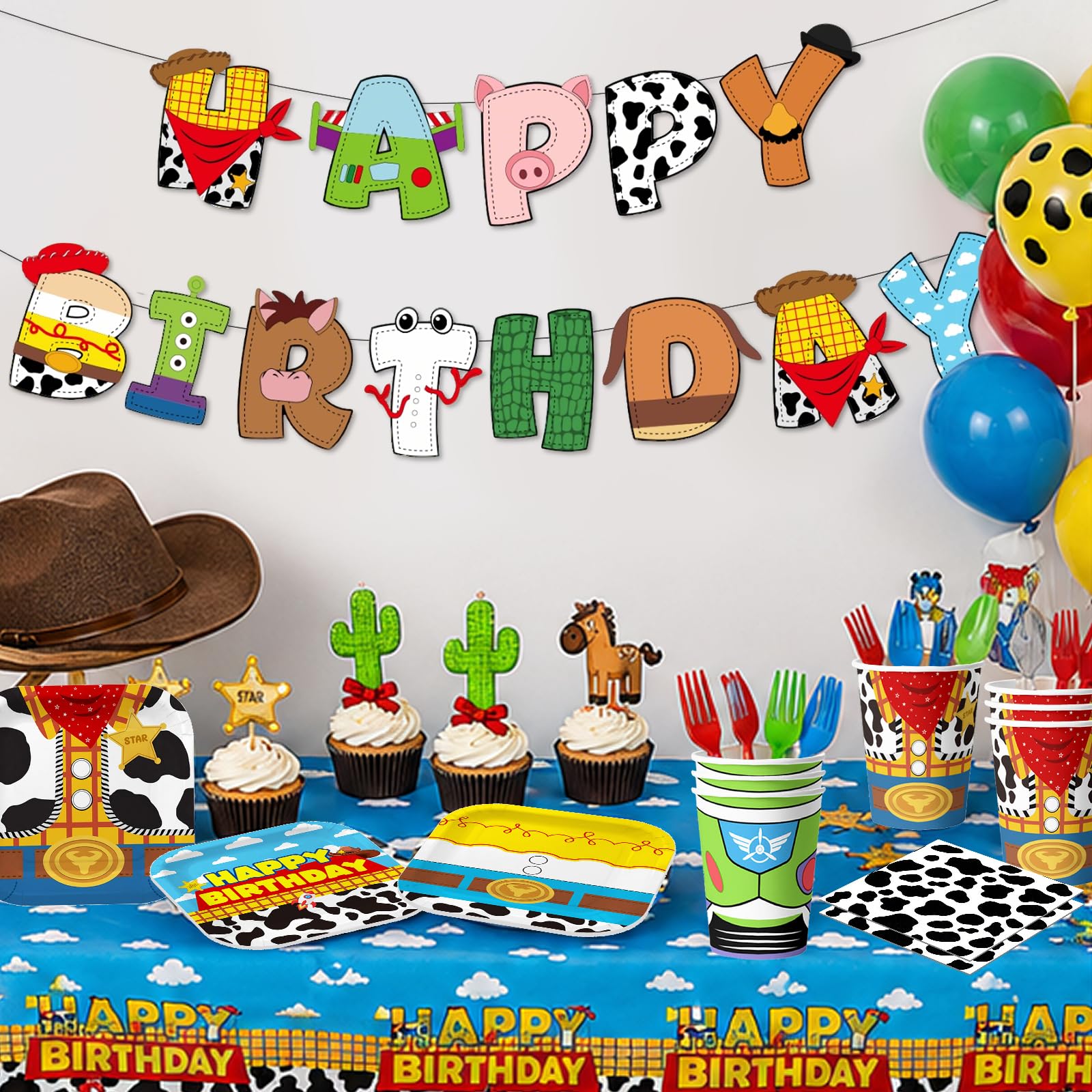 WPDISCZ Cartoon Toy Theme Party Supplies Toy Disposable Tableware Set Include Paper Plates Napkins Cups Banner Tablecloths for Toy Birthday Party