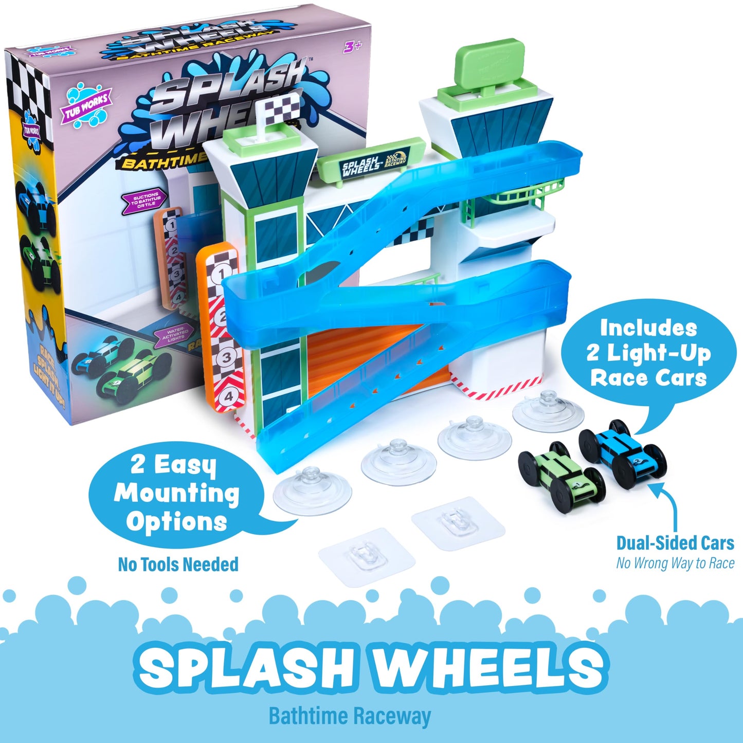 Tub Works® Splash Wheels™ Bathtime Raceway Car Ramp Toddler Bath Toy | Race Car Track with 2 Water-Activated Light-Up Racers | Light Up Bath Toys