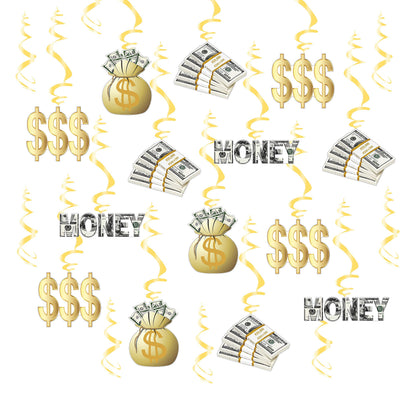 YiiiGoood Gold Money Theme Hanging Decoration Dollar Bill Signs Hanging Swirls Money Bag Currency Symbol for Birthdays Casino Weddings Bachelorette