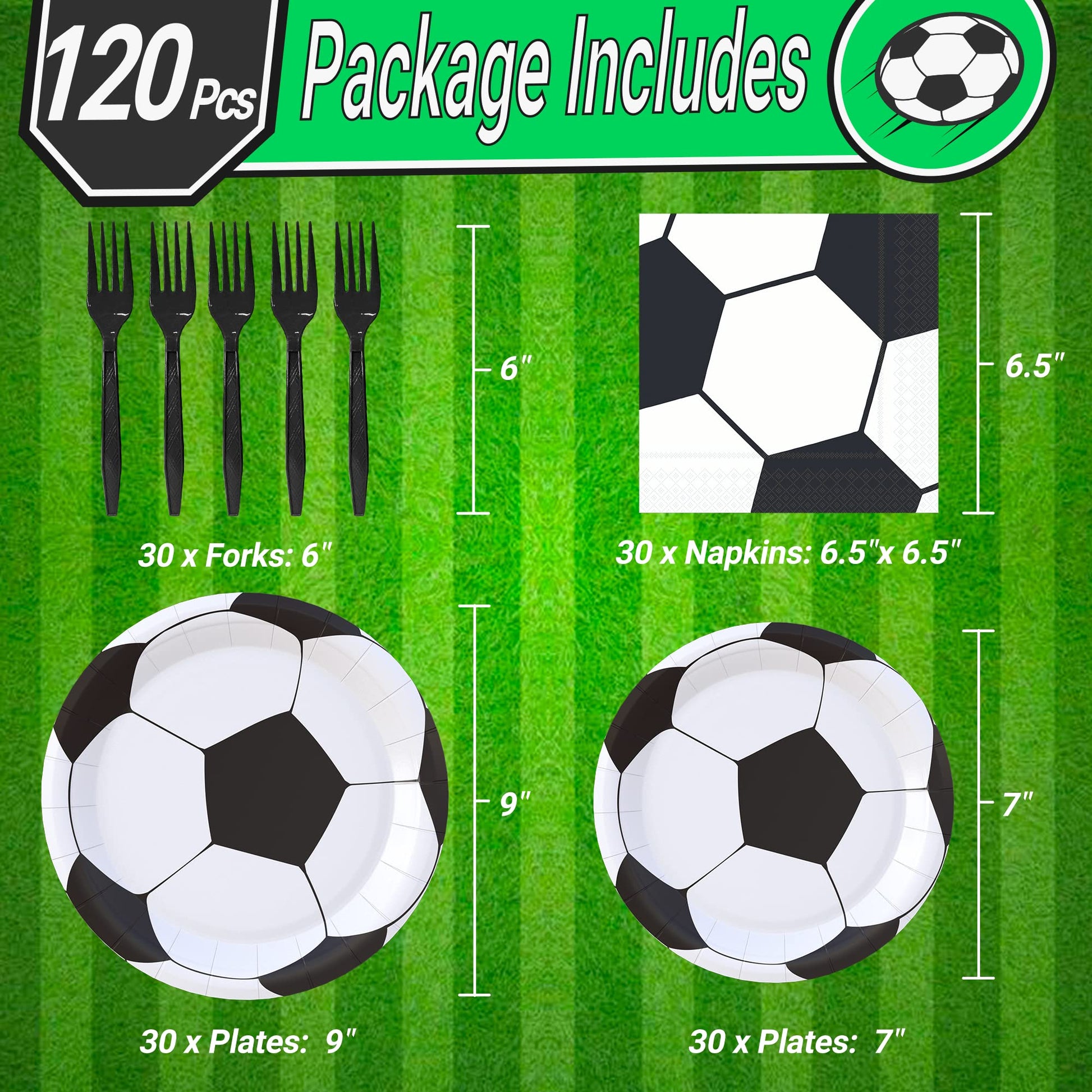 LMJUNZZ 120 Pcs Soccer Party Supplies Bundle Paper Plates Napkins Forks Soccer Party Birthday Decorations For Kids Serves 30