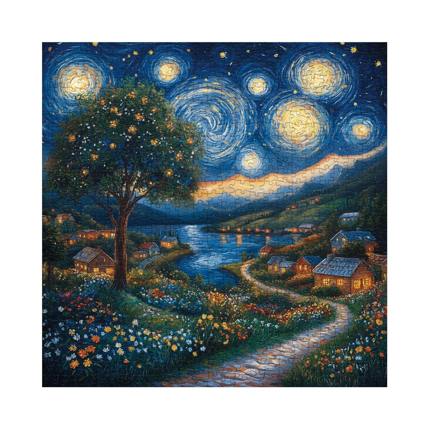 Larkipuzz Art Starry Night Painting Puzzles for Adults 1000 Pieces, Challenging Van Gogh Plant Tree Landscape Jigsaw Puzzles, Aesthetic Nature Floral