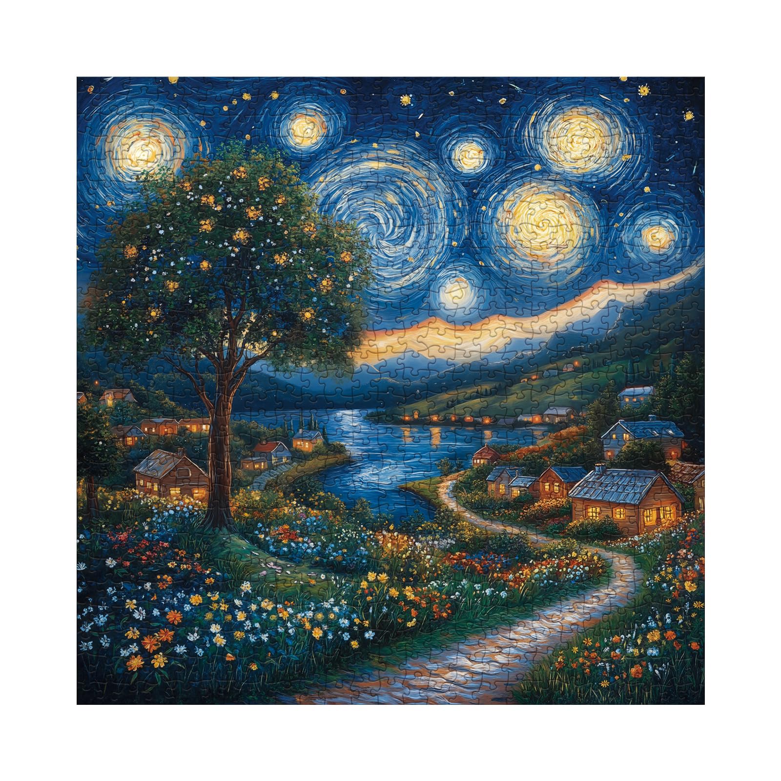 Larkipuzz Art Starry Night Painting Puzzles for Adults 1000 Pieces, Challenging Van Gogh Plant Tree Landscape Jigsaw Puzzles, Aesthetic Nature Floral