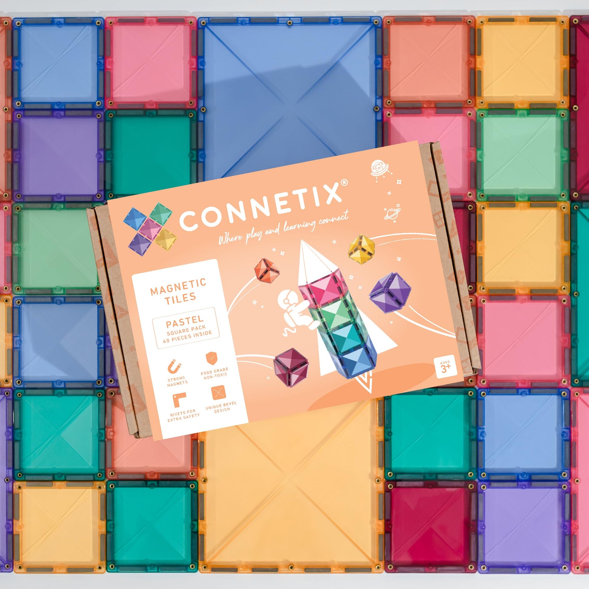 CONNETIX Magnetic Tiles Pastel Square Pack, 40 Pieces