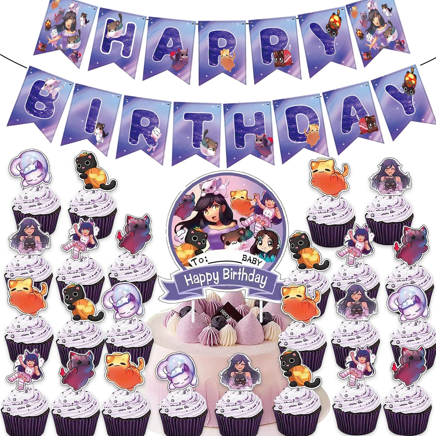 Jlemon 25Pcs Cat Game Party Cake topper Super Cat Theme Cake Decorations with 24pcs Cupcake Toppers, 1pcs Big Cake Topper for Cat Game Birthday Party