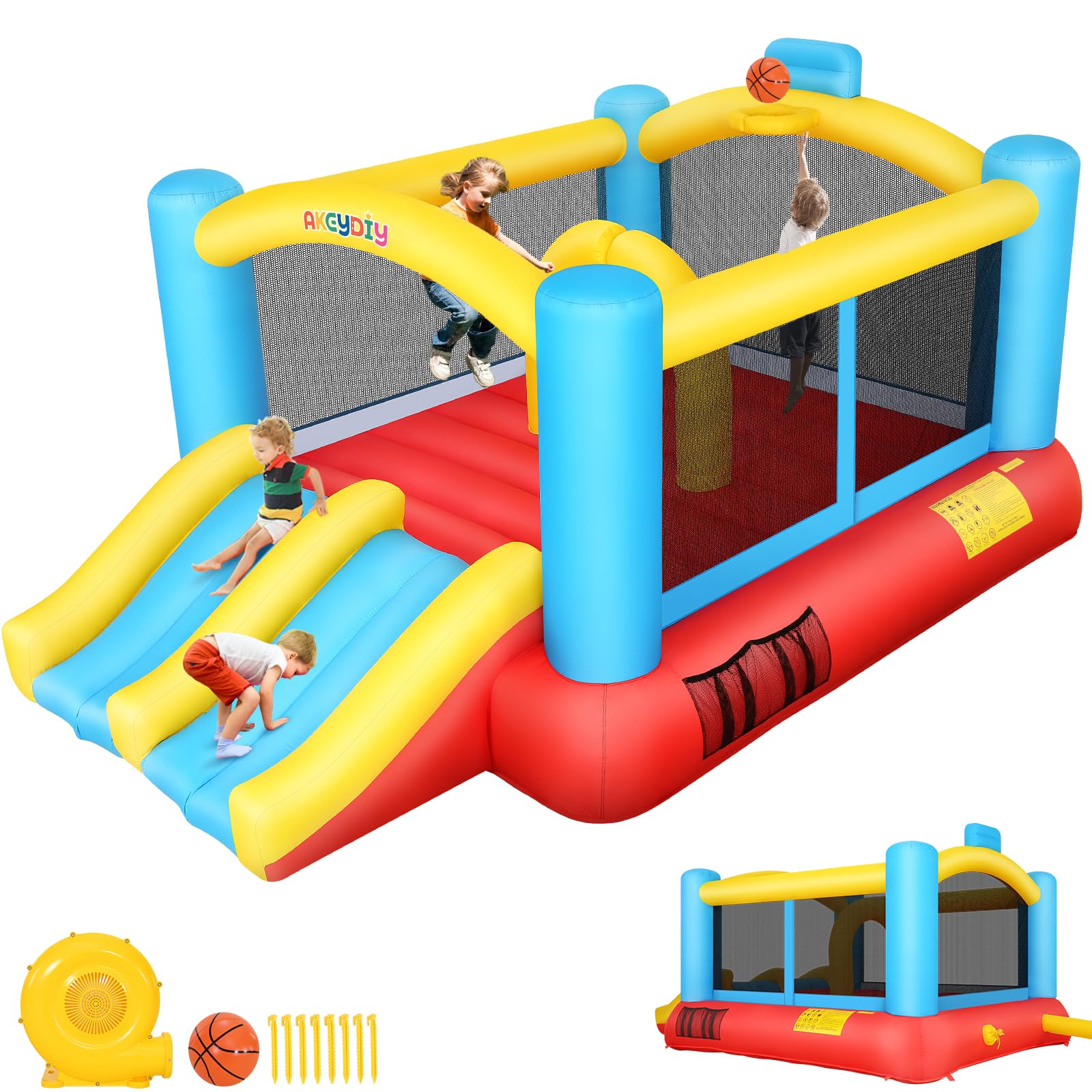 Kids Bounce House, Inflatable Bounce Castle with Blower for Kids 3-6 Big 3-10 Kids, Blow Up Jumping Bouncer with Slide, Obstacles, Trampoline