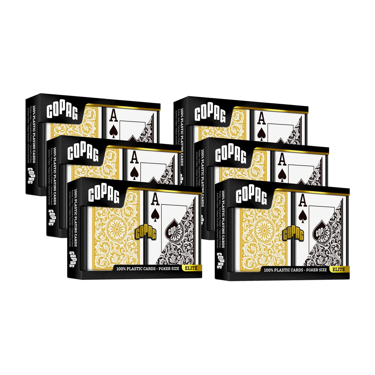 Copag 1546 Design 100% Plastic Playing Cards, Poker Size (Standard) Black/Gold (Jumbo Index, 6 Sets)