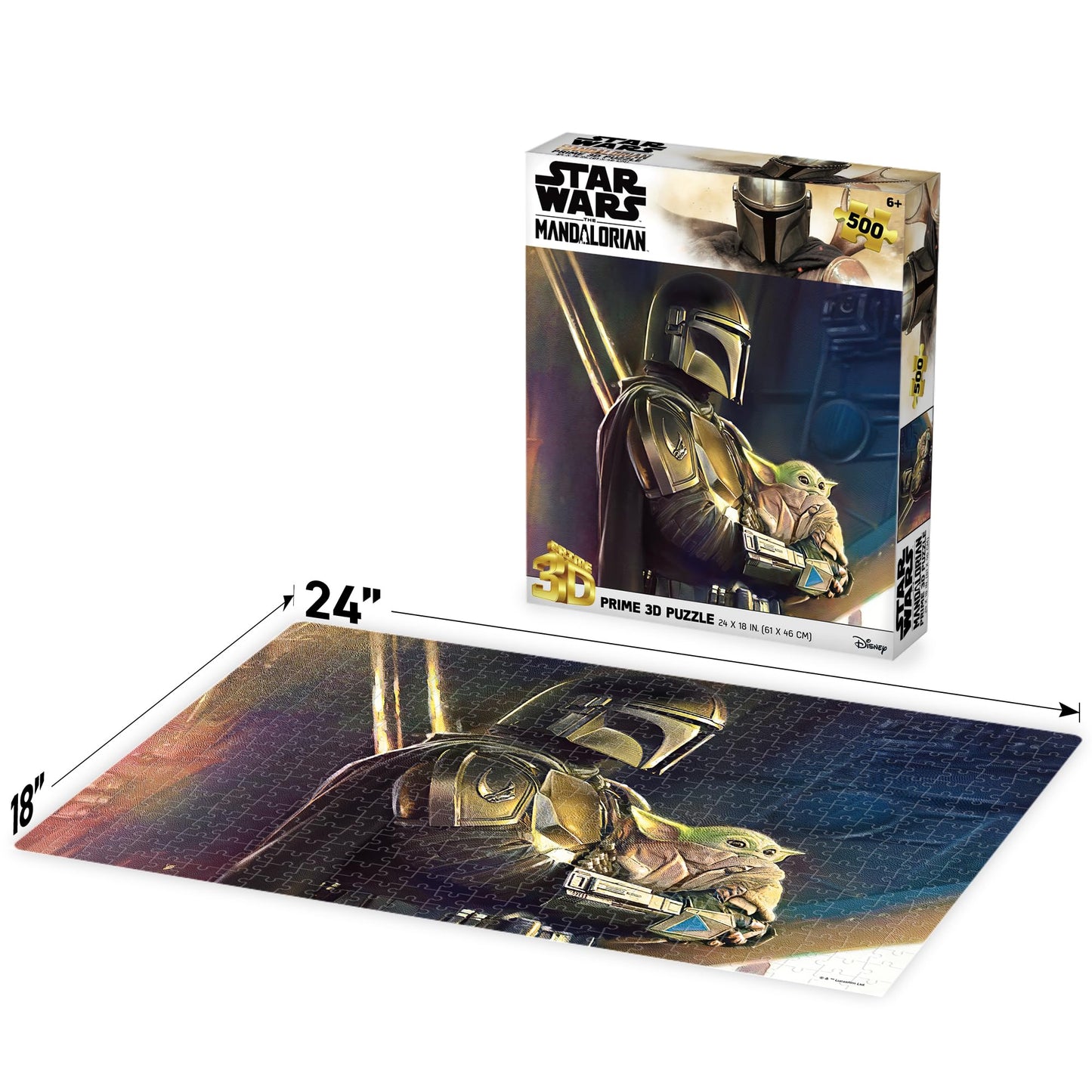 Prime 3D Mandalorian Star Wars Puzzle - 500 Piece 3D Lenticular Jigsaw for Adults & Kids, 24"x18" Motion Activity, Official Licensed Disney Gift