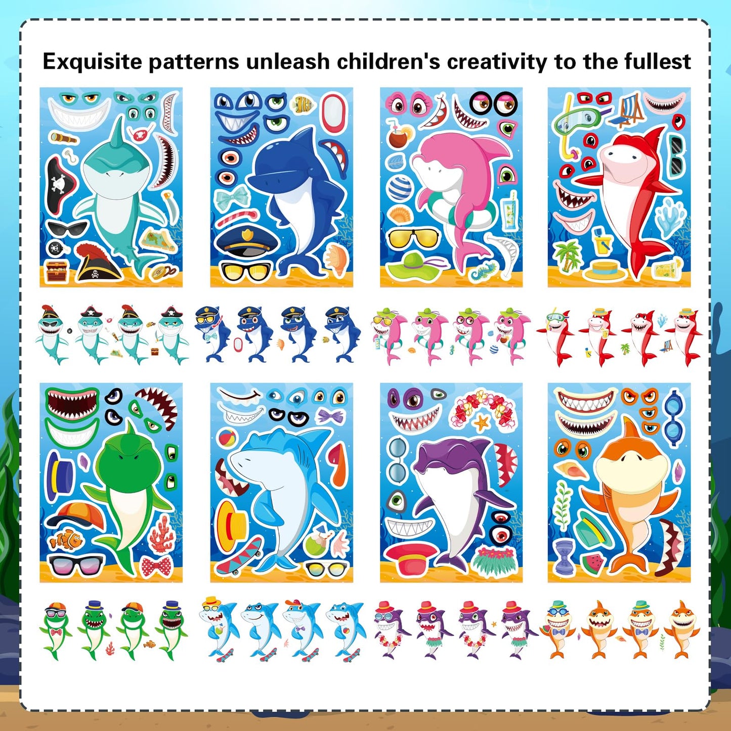 24 Sheets Make a Shark Face Stickers, Make Your Own Shark Stickers for Kids, Sea Ocean Animals Birthday Party Favors Activities, Summer Craft