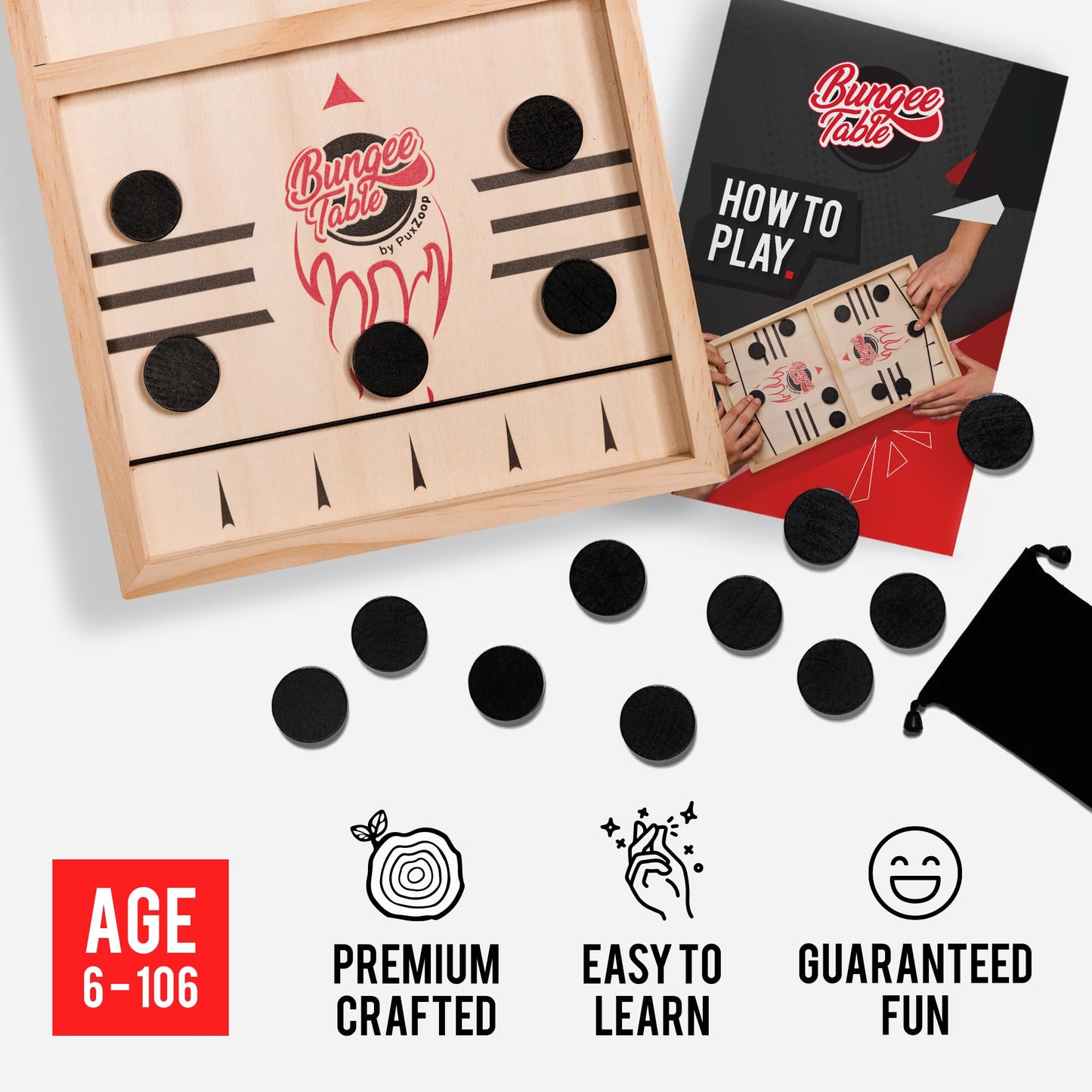 PuxZoop Fast Sling Puck Game - Large Size - Test Your Speed and Accuracy with This Fast-Paced Wooden Air Hockey Board Game - Guaranteed Fun for Family