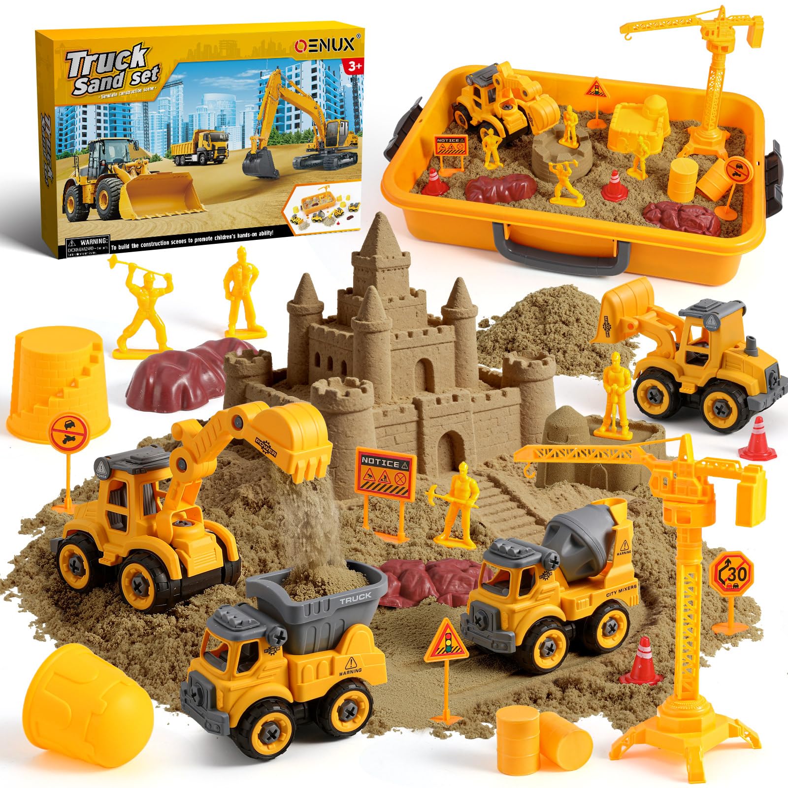 OENUX Construction Play Sand Kit with 4 Take Apart Trucks for Boys Age 3-8