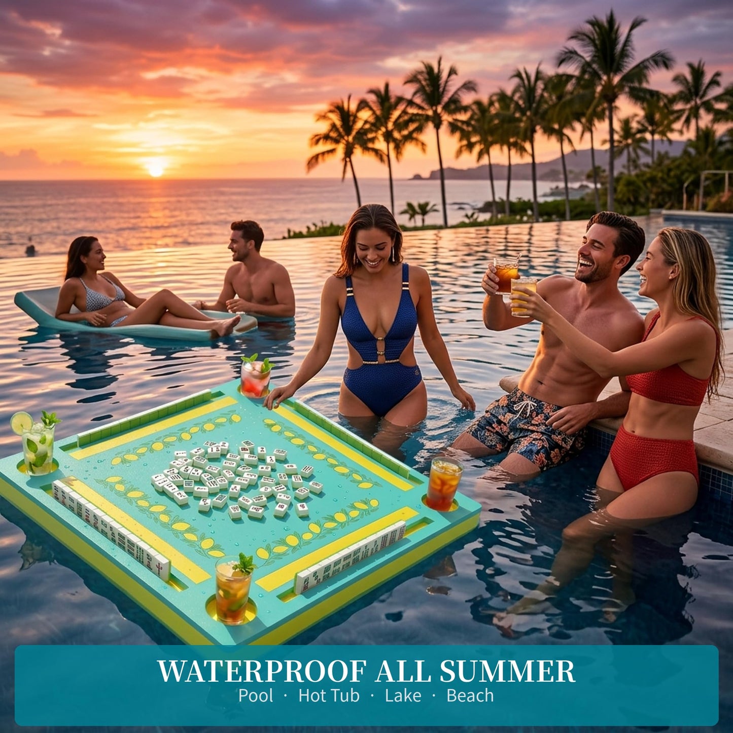 Floating Mahjong Table for Pool,32×32in Pool Float Game Board for Mahjong Poker Dominoes,Hot Tub Float Table with Tile Racks and Cup Holders