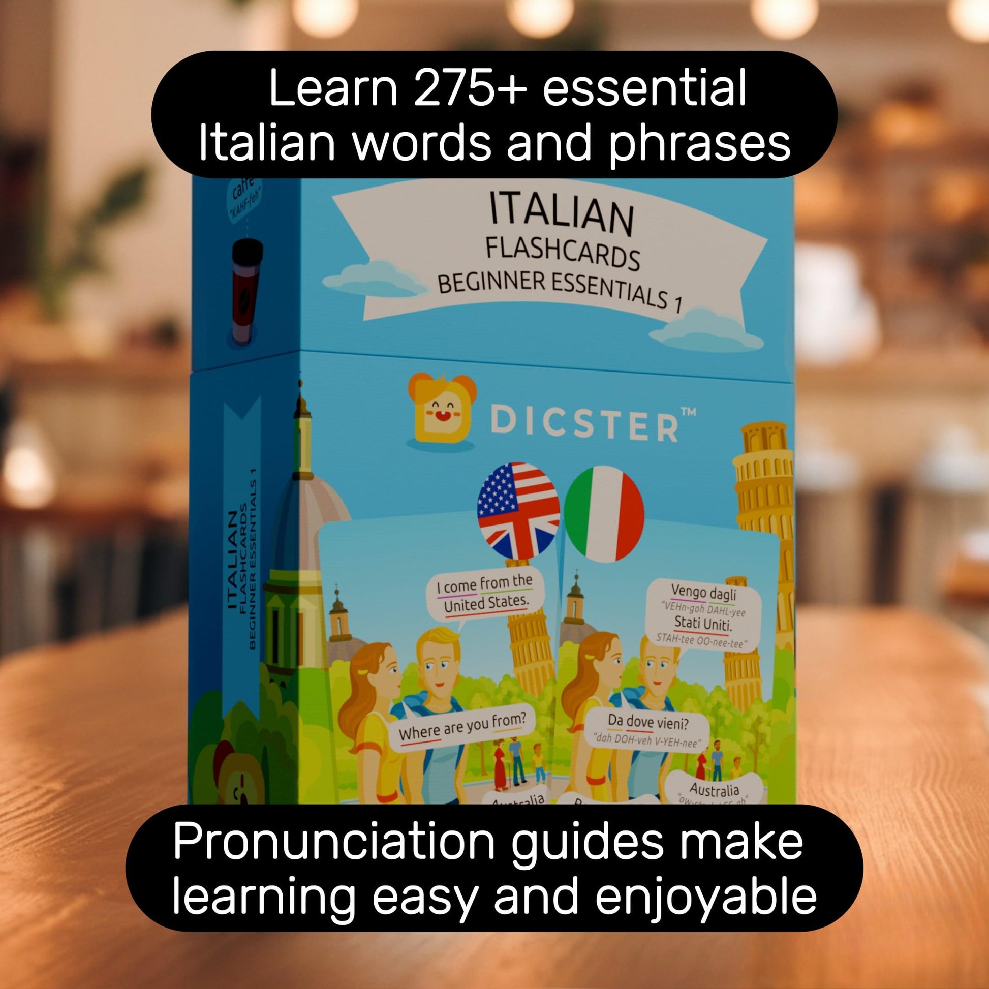 Dicster Italian Language Flashcards - Beginner Essentials 1: 52 Flashcards & 275+ Essential Words & Phrases, Pronunciation Guides, Online Audio