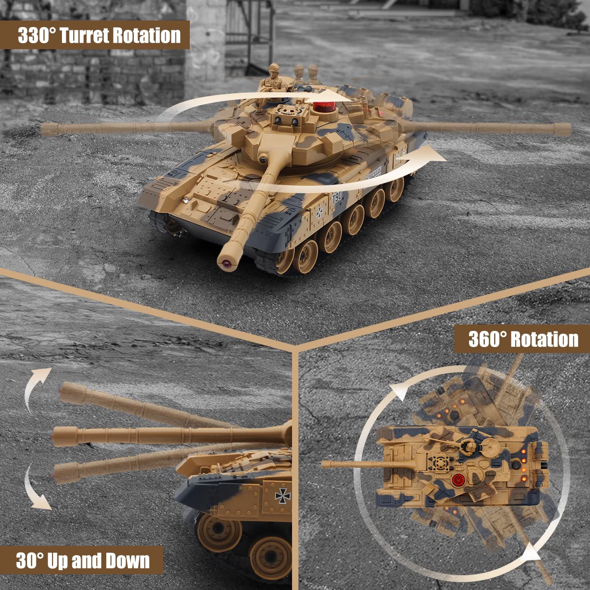 Fistone 1/24 RC Battle Tank Set - Remote Control T90 & Leopard Tanks with Realistic Sounds, Lights, Life Indicators, and Spray Effects - Military Toy