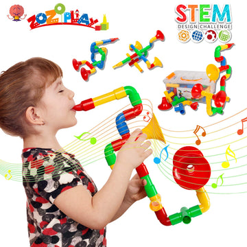 ZOZOPLAY STEM Toys Tube Locks, 72 Piece Tubular Pipes & Spouts & Joints & Whistles & Trumpet Toy, Learning Educational Building Block Set