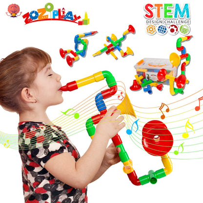 ZOZOPLAY STEM Toys Tube Locks, 72 Piece Tubular Pipes & Spouts & Joints & Whistles & Trumpet Toy, Learning Educational Building Block Set