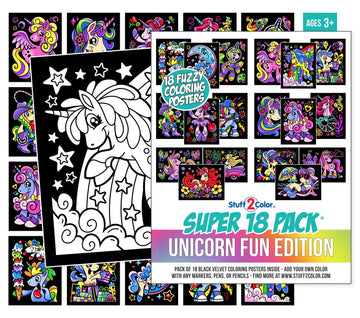 Super Pack of 18 Fuzzy Velvet Coloring Posters (Unicorn Fun Edition) - Great for Family Time, Arts and Crafts, Travel, Quiet Time, Sharing, Parties