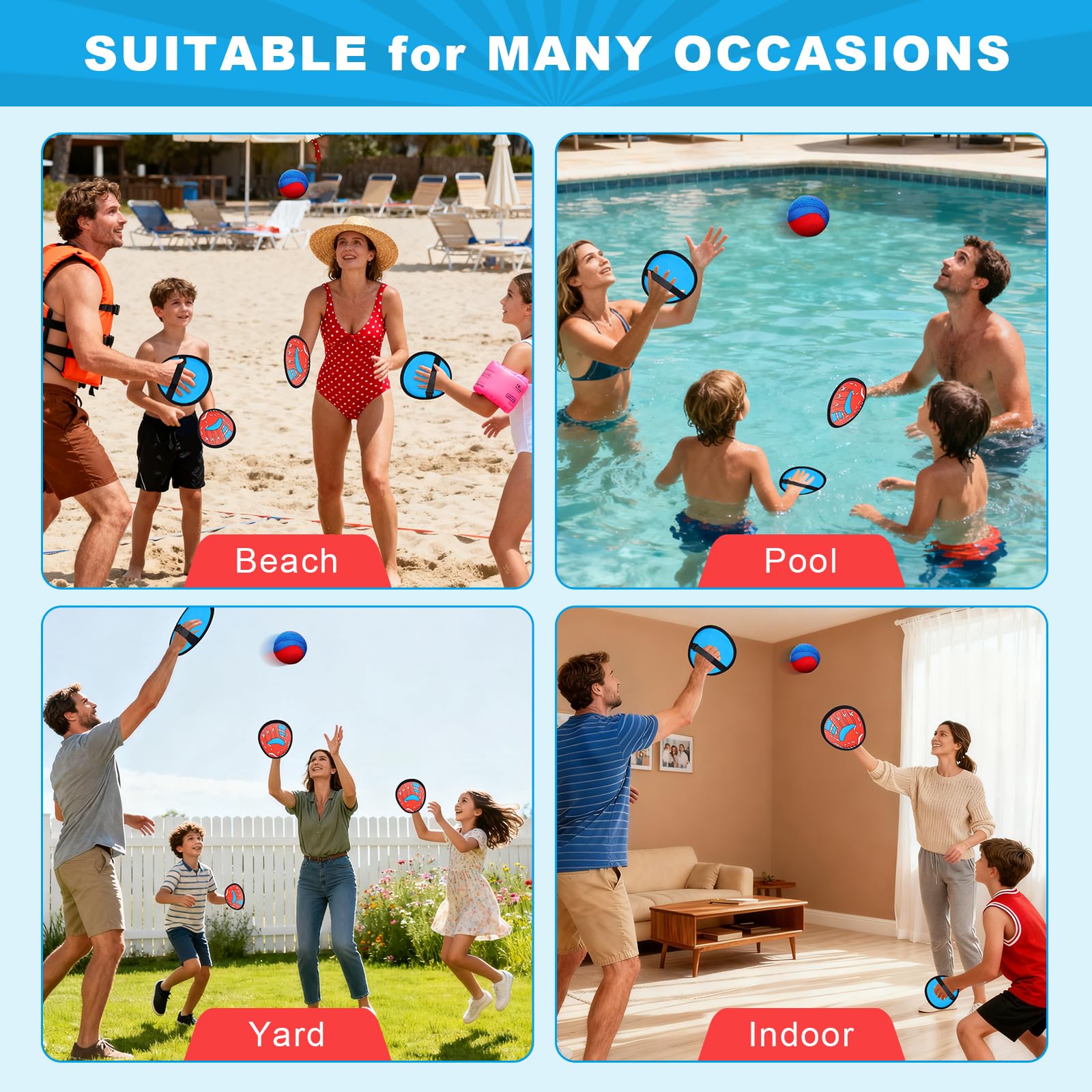 SNFAJOHE Toss and Catch Ball Game Set for Kids Ages 3-12, 4 Paddles & 4 Sticky Balls, Outdoor Baseball Training Toy for Backyard, Beach, Pool