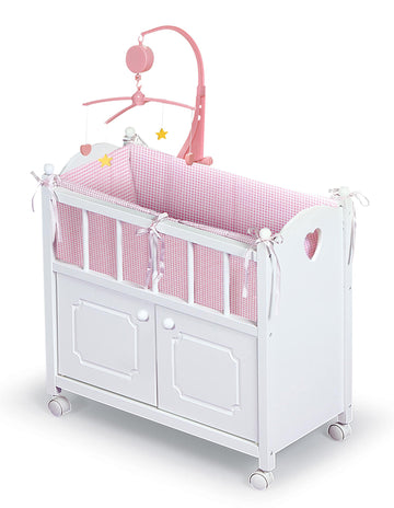 Badger Basket Wooden Toy Doll Bed with Storage, Mobile, and Bedding to Pretend and Play - Includes Wheels and Free Personalization Kit - White